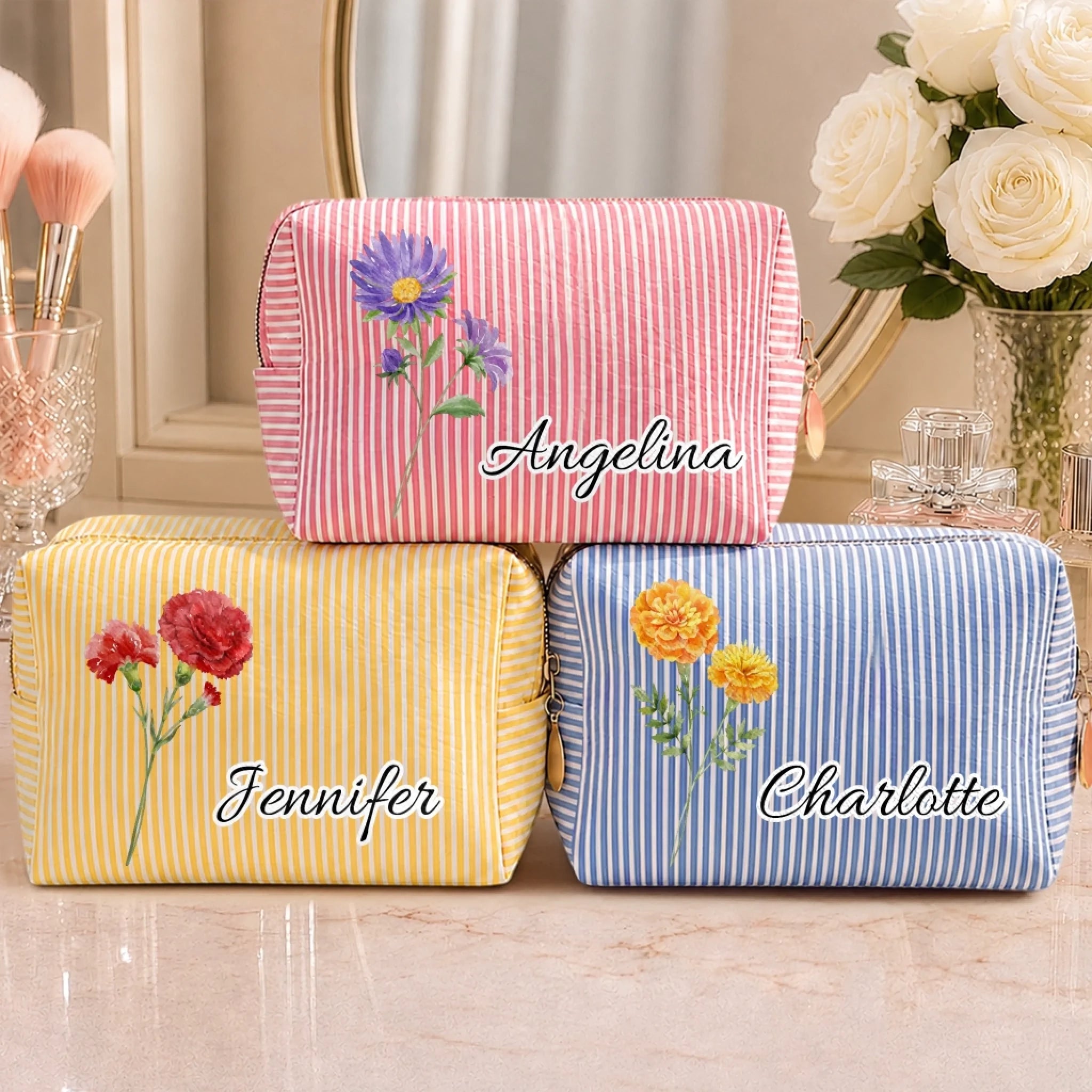 Custom Seersucker Makeup Bag, Personalized Blooming In My Own Way Birthday Gift for Wife, Daughter or Mom