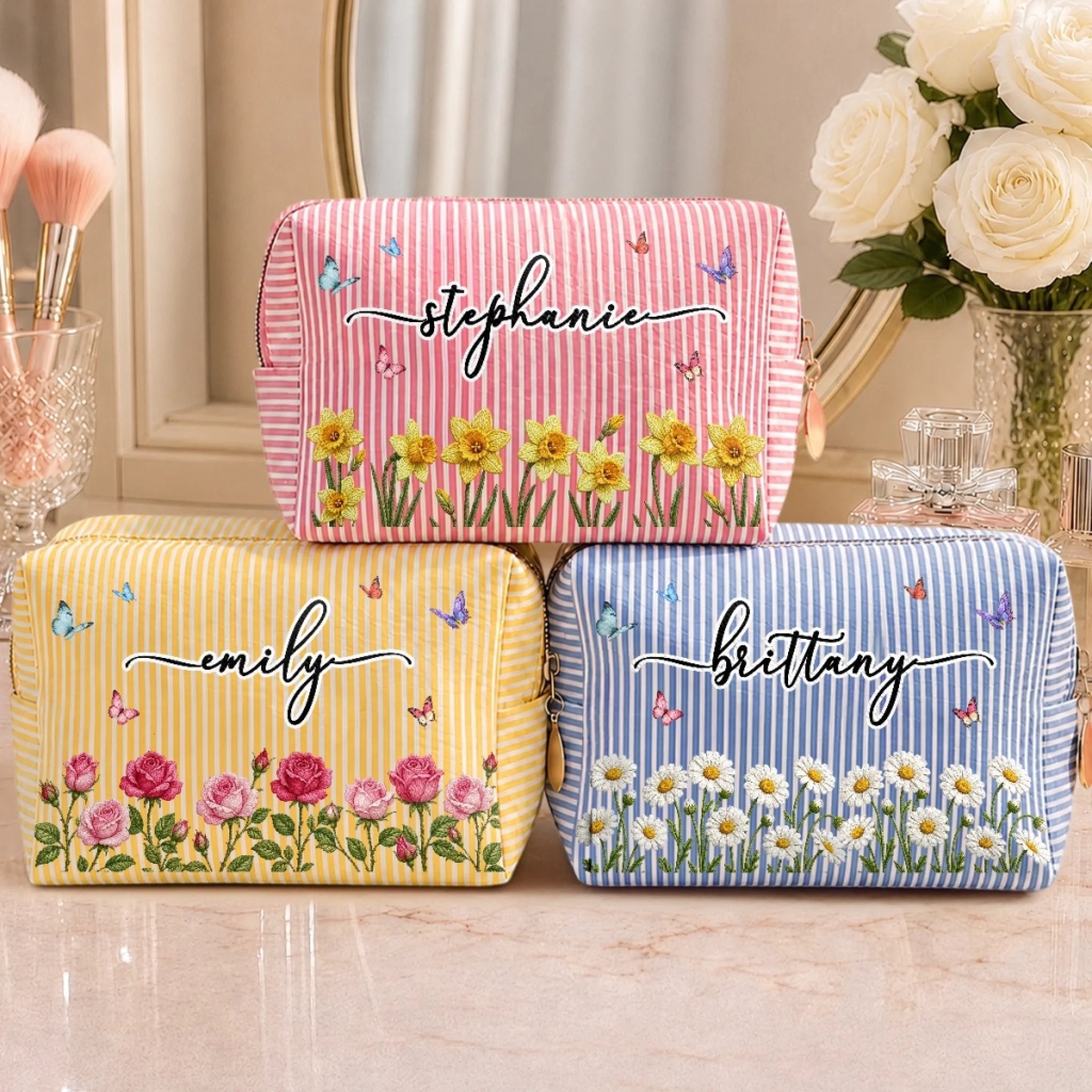 Custom Seersucker Makeup Bag Personalized Wildflower Cosmetic Pouch Birthday Gift for Women