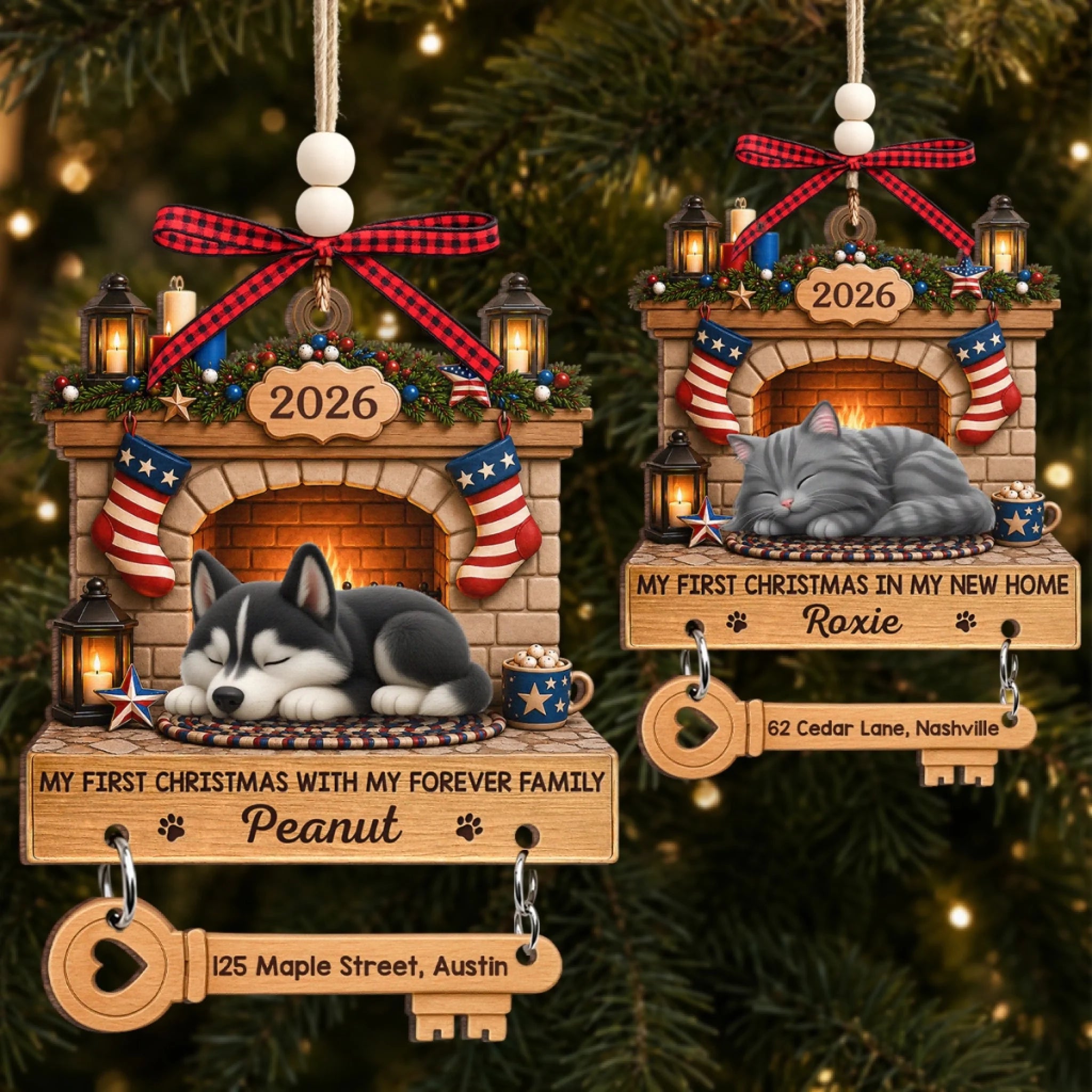 Custom First Christmas Wooden Ornament With Tag, Personalized Pet New Home Gift for Dog Cat Lovers