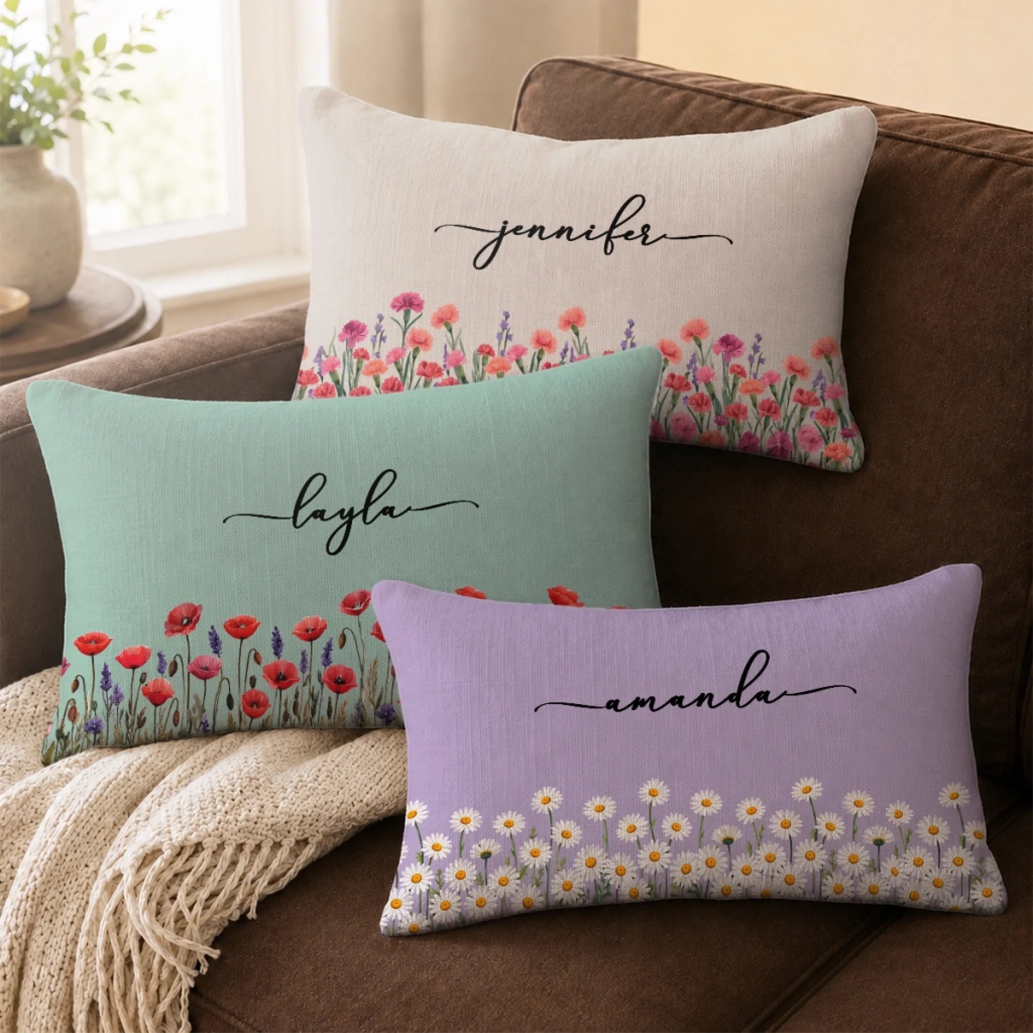 Custom Woven Pillow Personalized Wild Blooms Birthday Gift for Wife Mom Daughter Grandma or Bestie