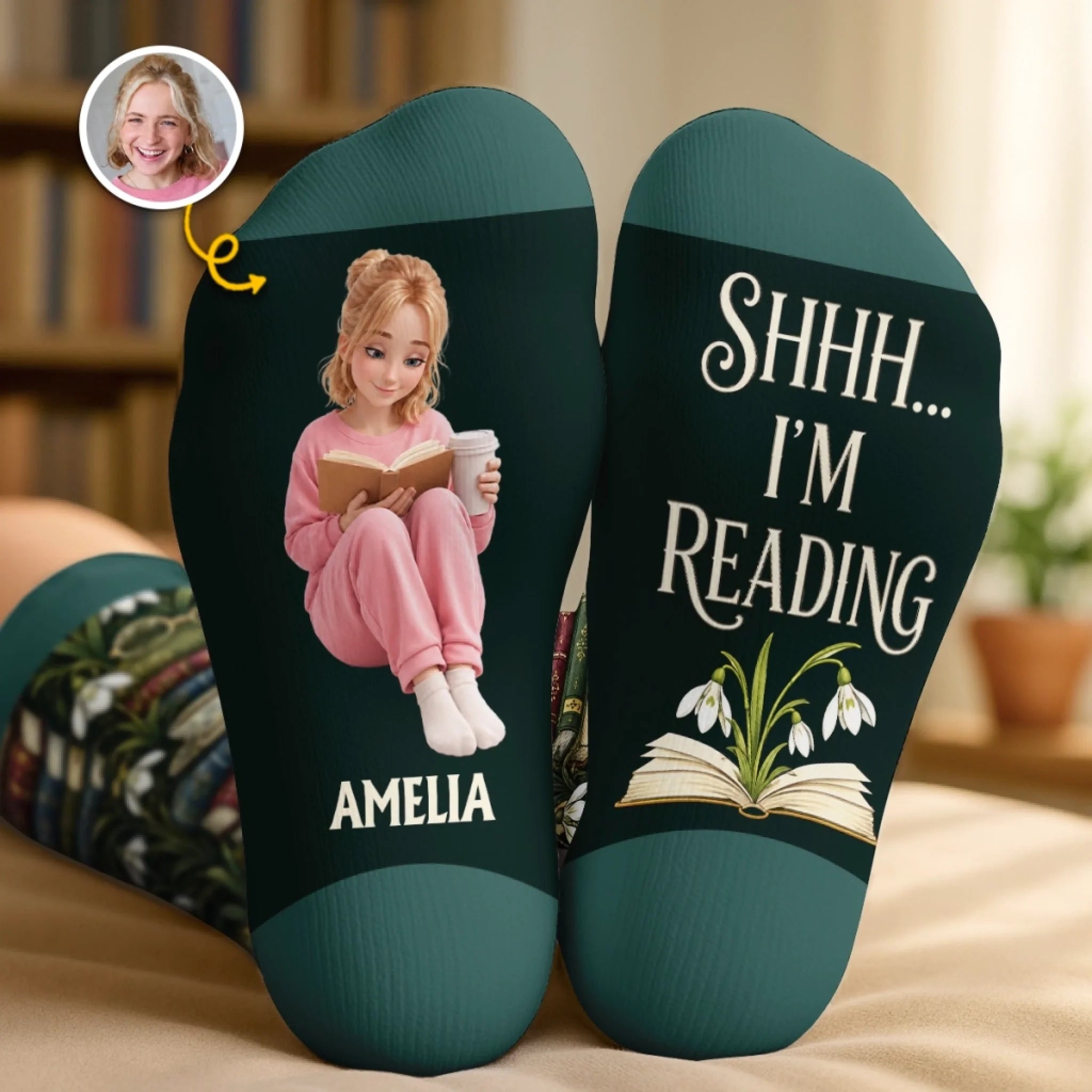 Custom Photo Crew Socks Personalized Book Lover Floral Gift for Readers and Bookworms