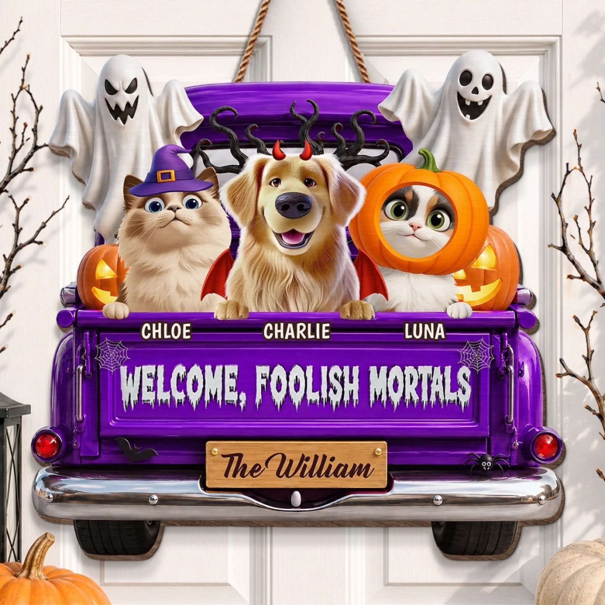 Personalized Halloween Wood Sign for Dog and Cat Lovers, Custom Haunted by Our Happy Pack Gift
