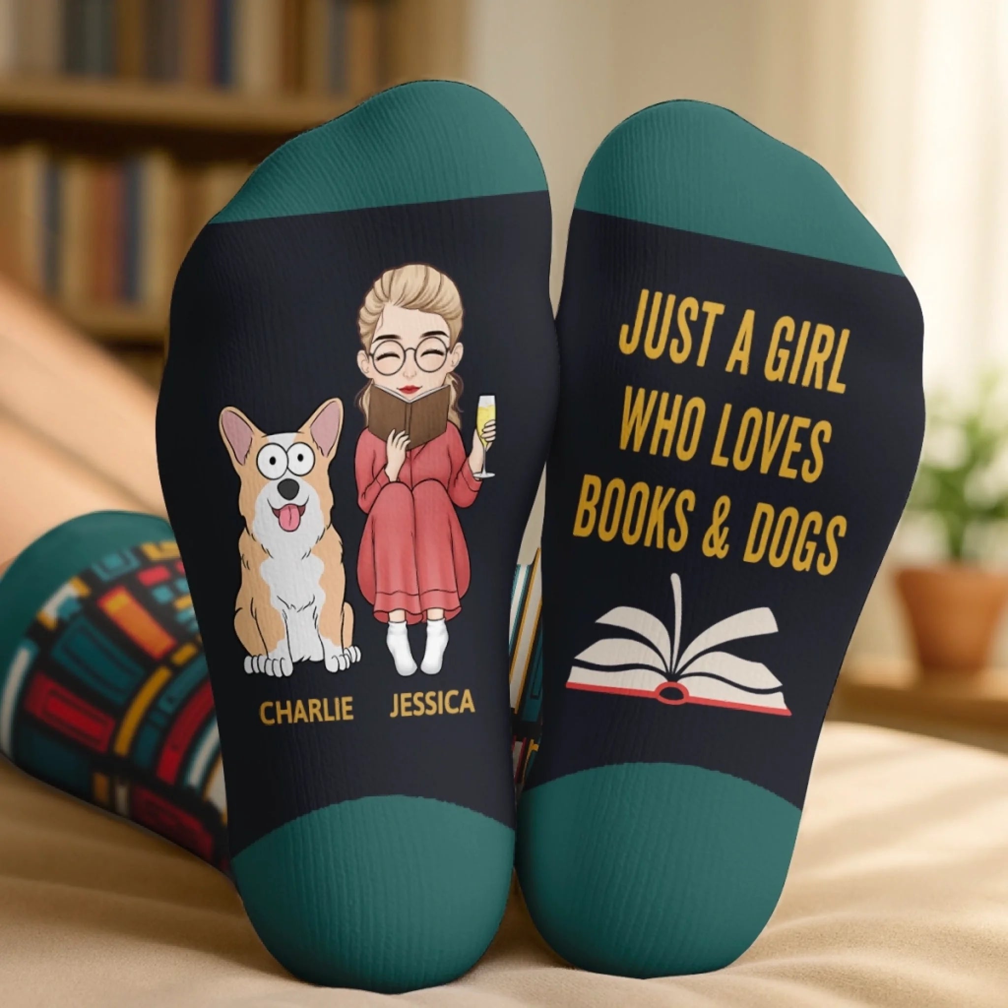 Custom Crew Socks, Personalized Bookish Gift for Book Lovers, Dog Moms, Cat Owners and Page Turners