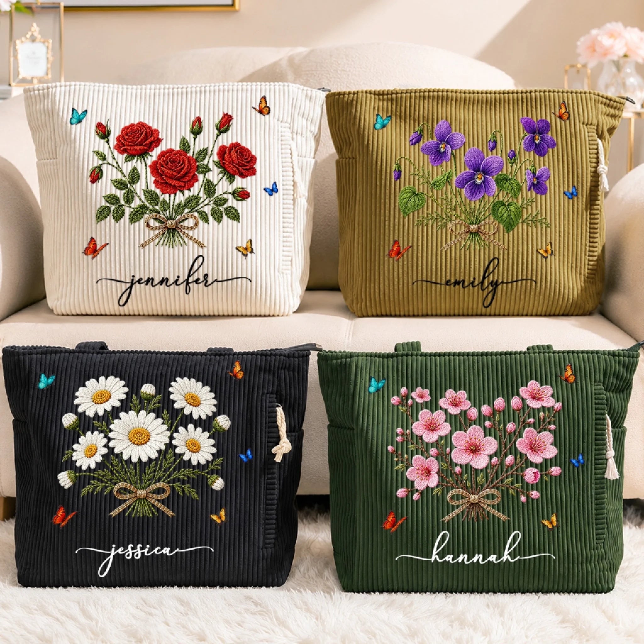Custom Corduroy Tote Bag with Floral Design, Personalized Birthday Gift for Wife Mom Daughter or Best Friend