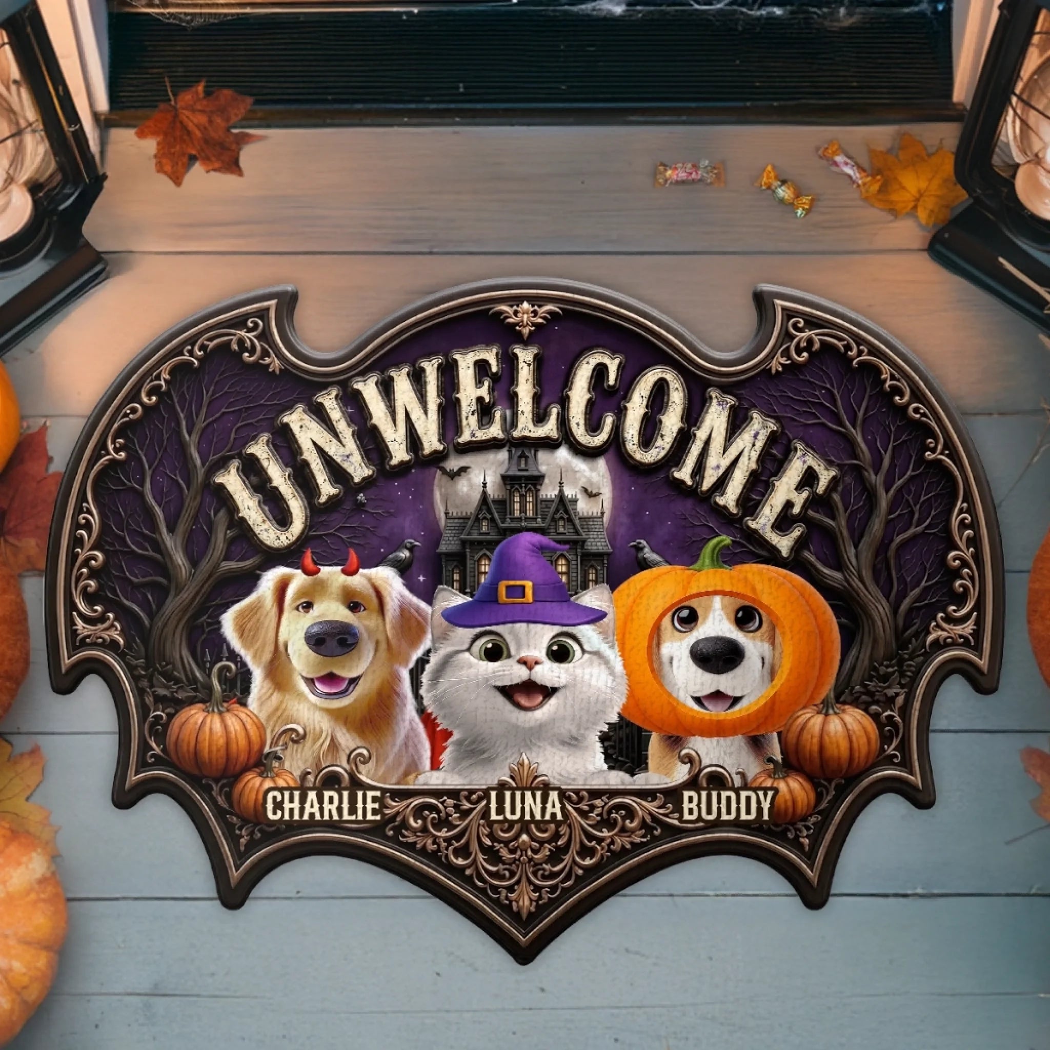 Custom Shaped Doormat Personalized Halloween Decor Gift for Dog Cat Lovers and Pet Owners