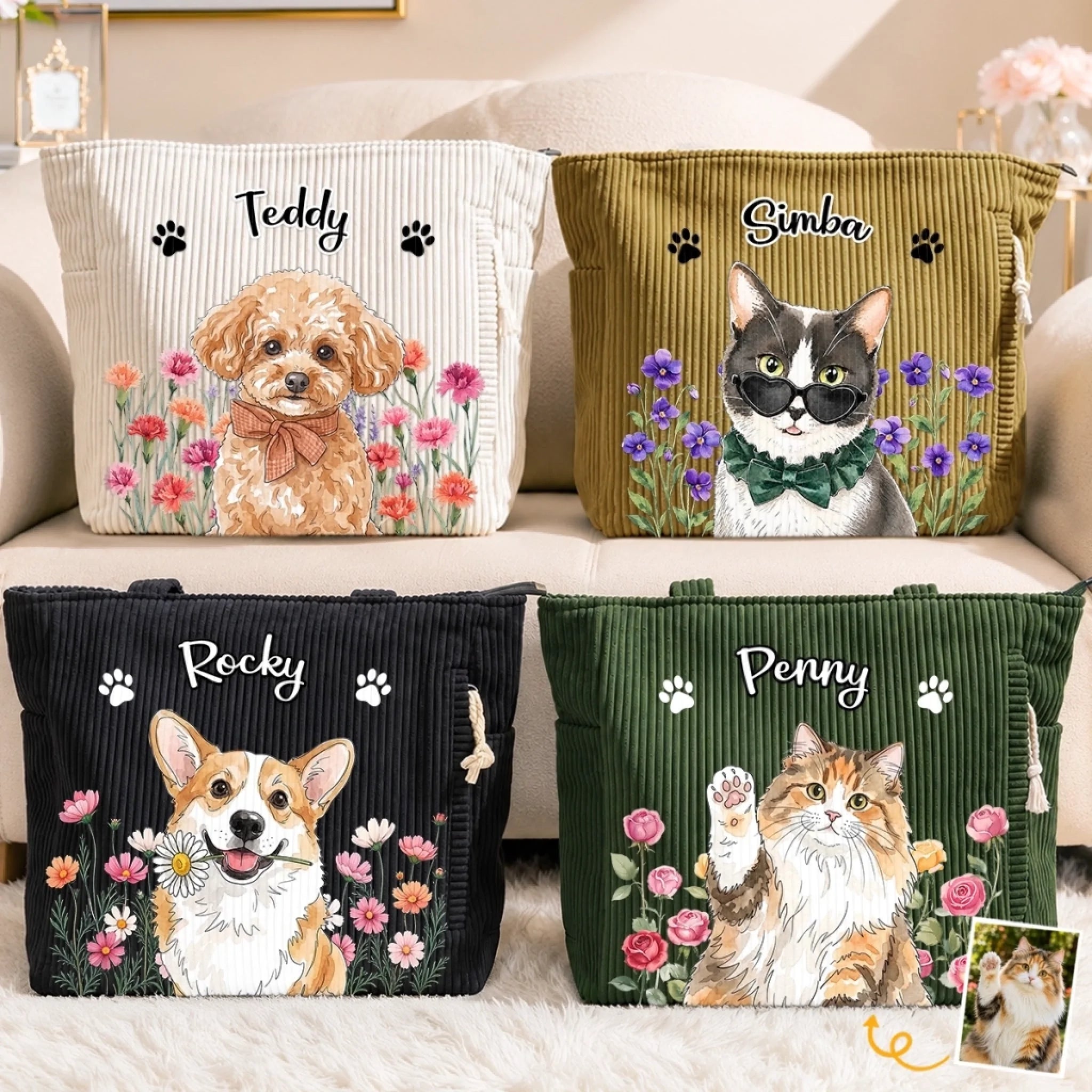 Custom Photo Corduroy Tote Bag, Personalized Birthday Gift for Dog Moms, Dog Dads & Cat Lovers