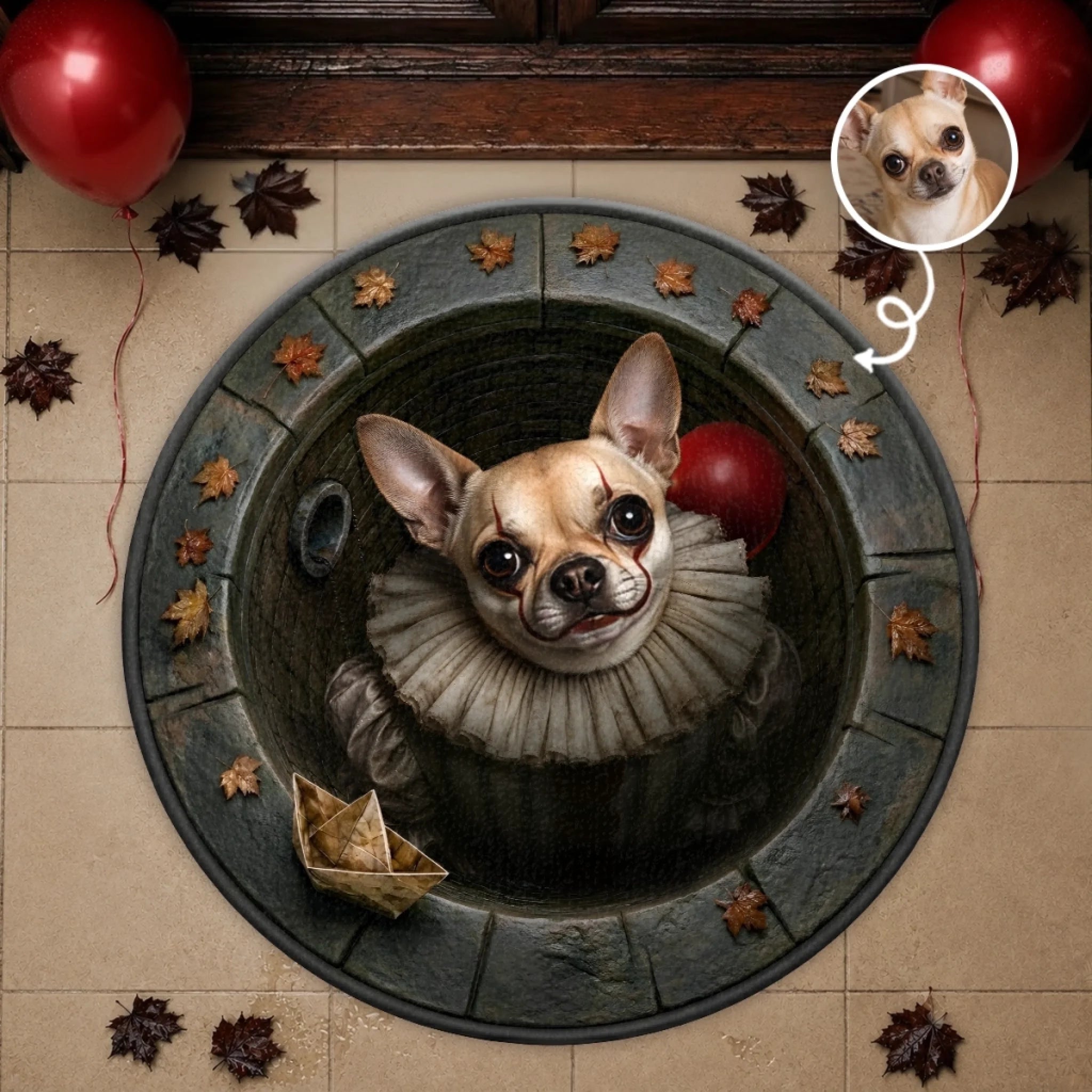 Custom Photo Clown Shaped Doormat, Personalized Halloween Door Decor Gift for Dog Cat Lovers