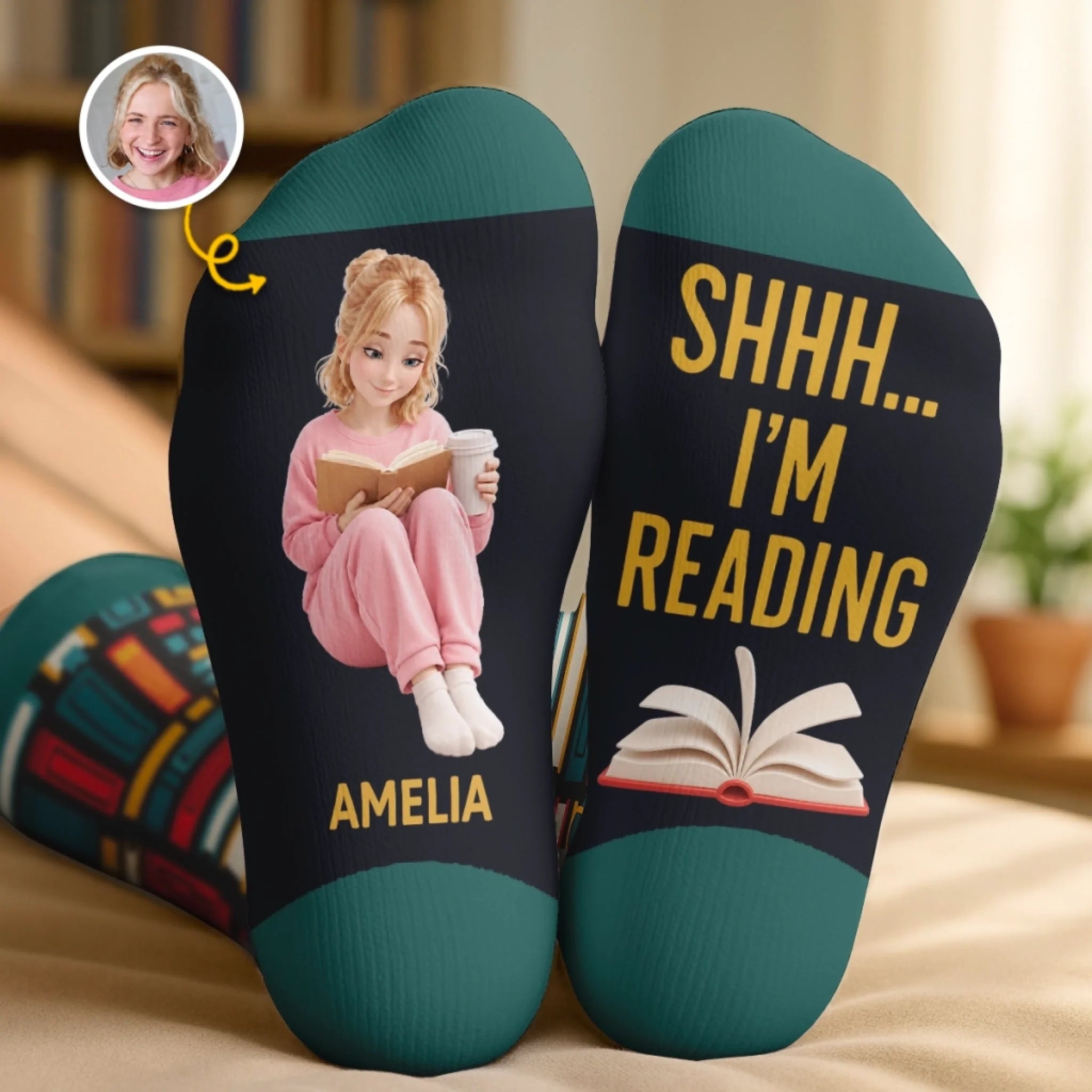 Custom Photo Crew Socks, Personalized Lost In My Book Gift for Book Lovers, Readers & Bookworms