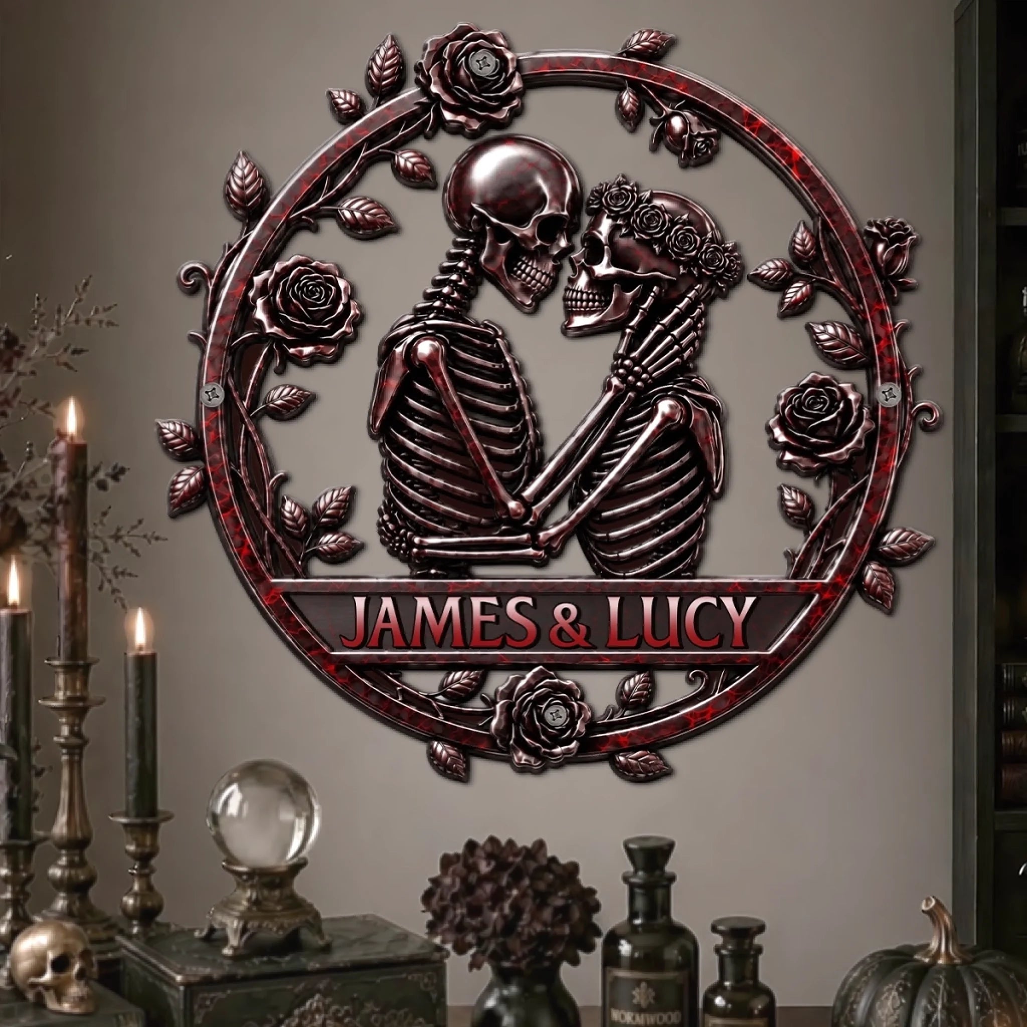 Custom Skeleton Shaped Metal Sign, Personalized Eternally Yours Halloween Anniversary Wedding Gift