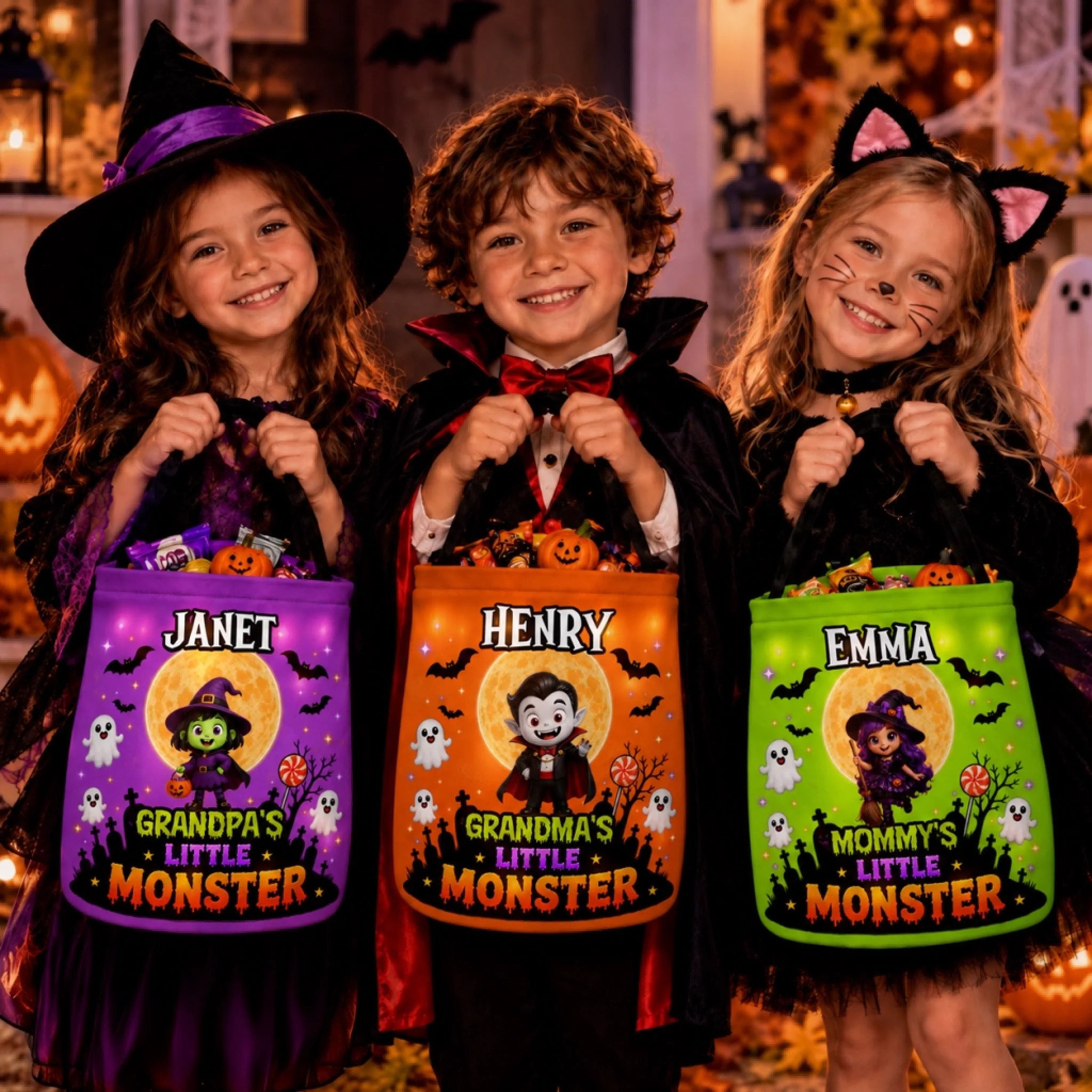 Custom LED Light Bucket Bag, Personalized Halloween Candy Tote with Cute Monster Spooky Night Design for Kids