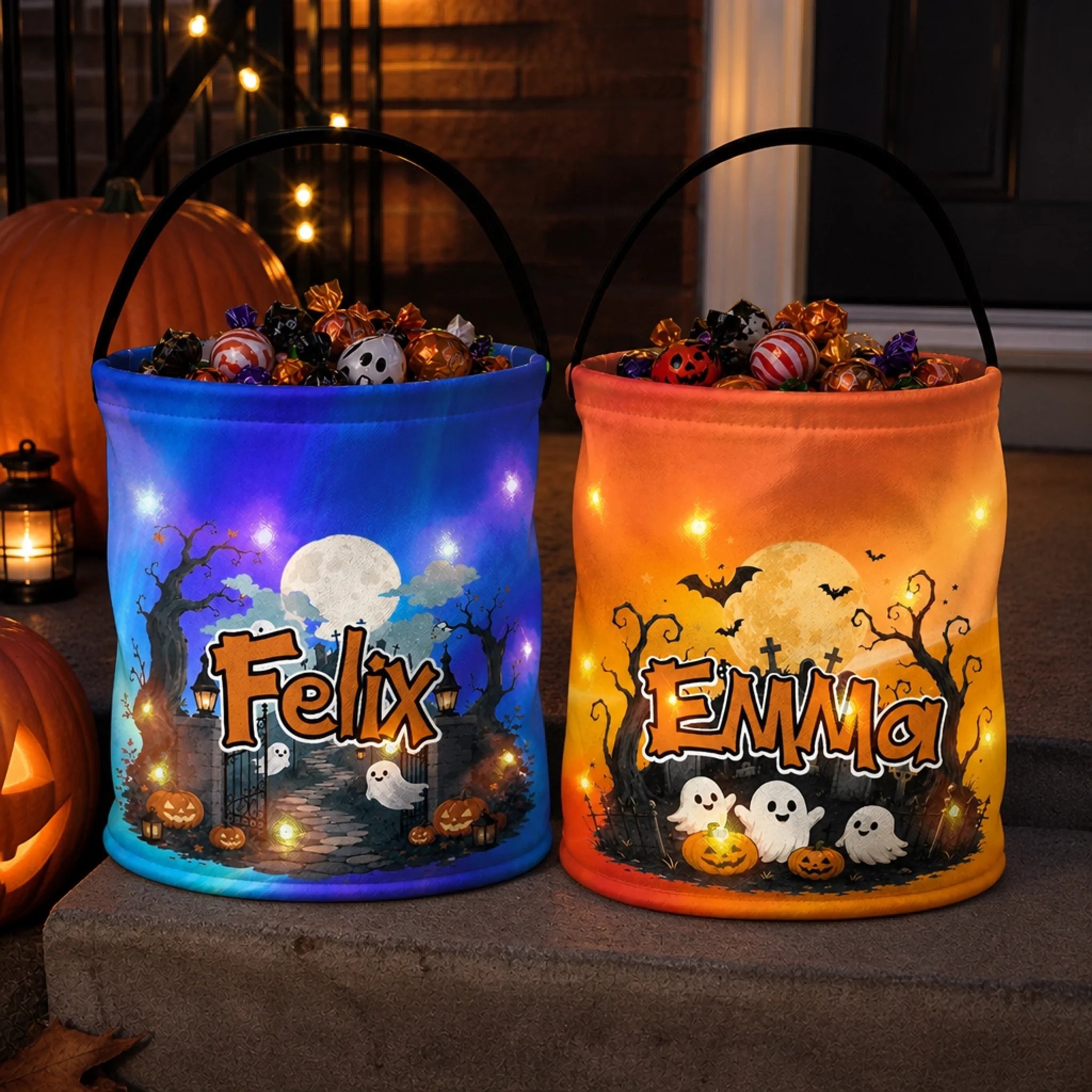 Personalized LED Light Bucket Bag for Kids, Custom Halloween Trick-or-Treat Birthday Gift
