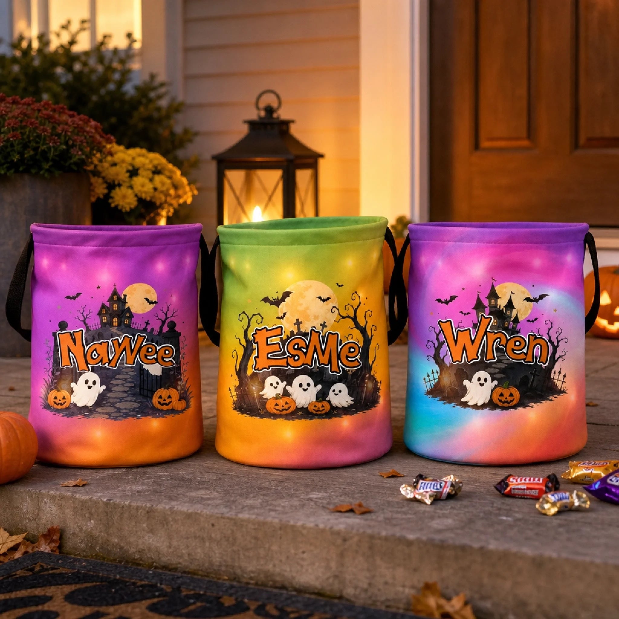 Custom LED Light Bucket Bag for Kids, Personalized Halloween Birthday Gift, Tiny Trickster Big Trouble