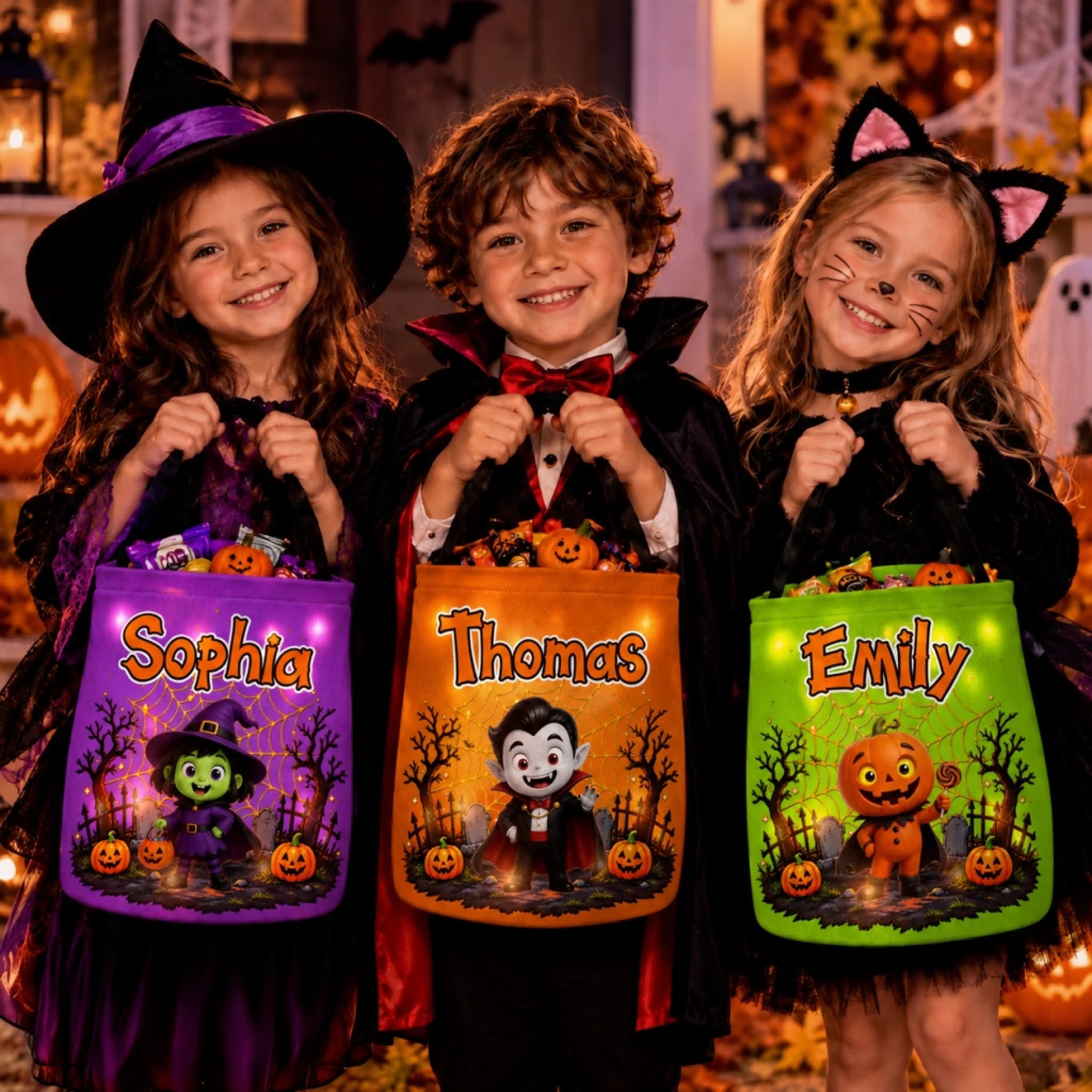 Custom LED Light Bucket Bag for Kids, Personalized Halloween Trick or Treat Birthday Gift