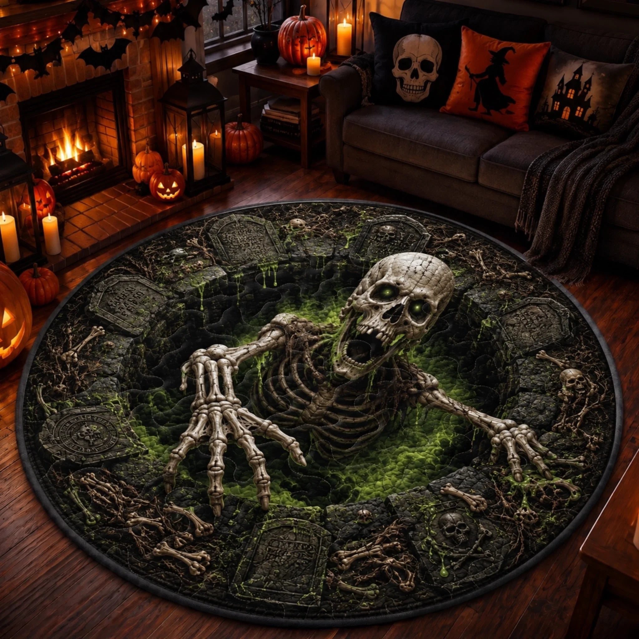 Custom 3D Skeleton Vortex Quilted Round Mat, Personalized Halloween Birthday Gift for Family