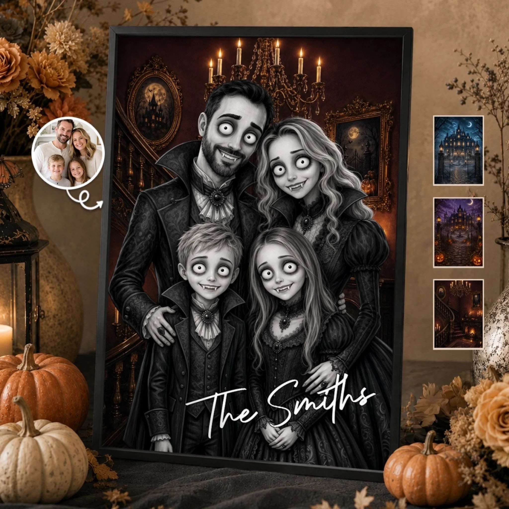 Custom Photo Vampire Portrait Vertical Poster, Personalized Halloween Decor Gift for Family