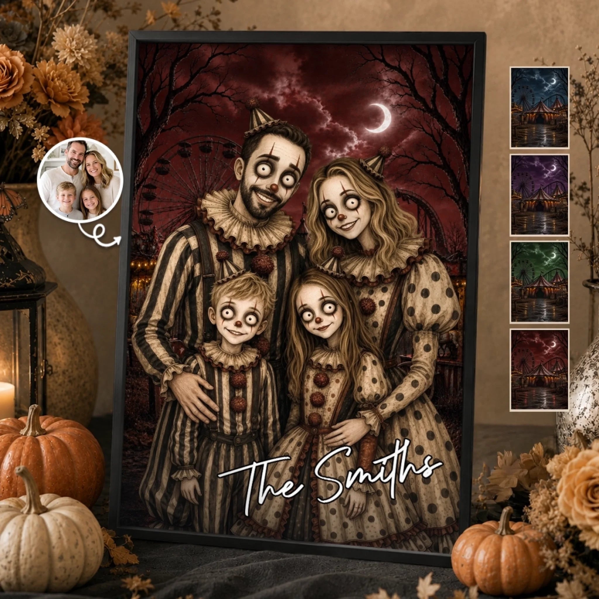 Custom Photo Clown Portrait Vertical Poster, Personalized Halloween Boo Crew Decor Gift for Family