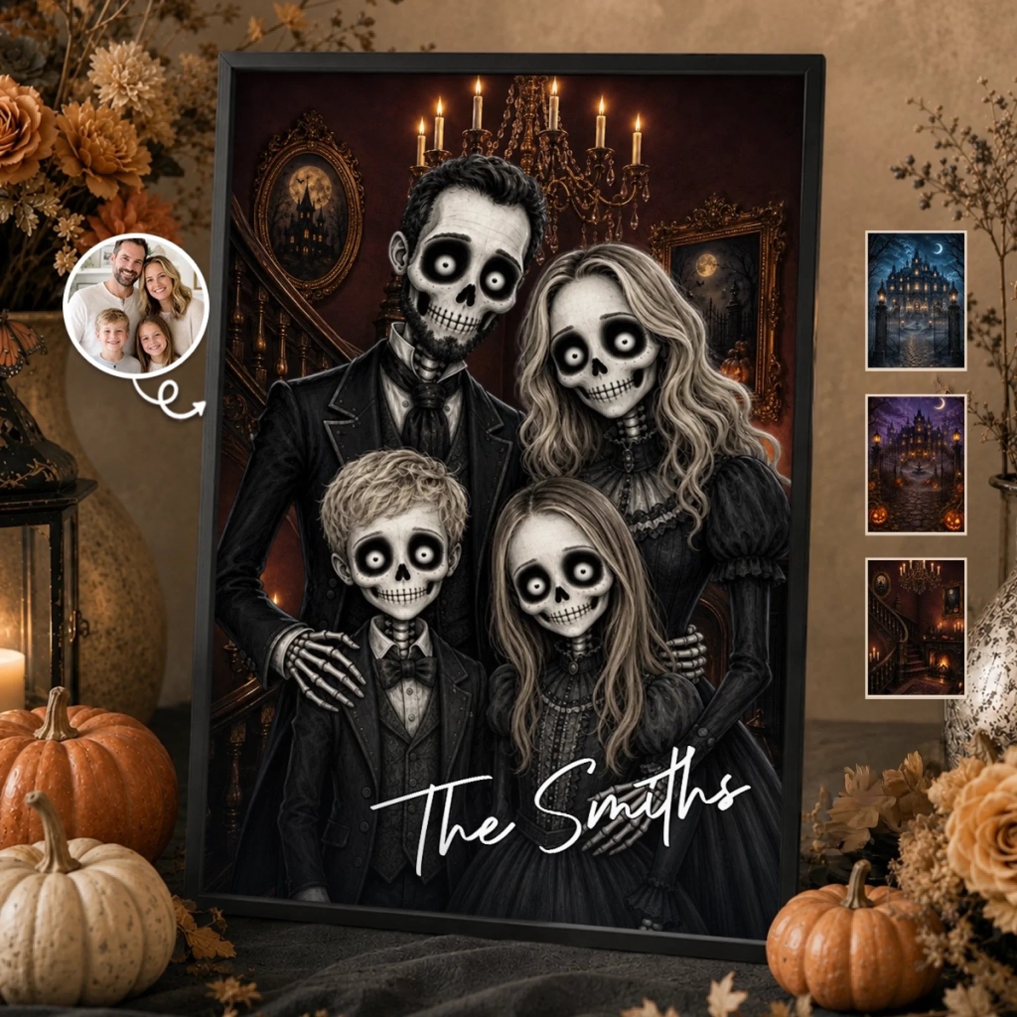 Custom Photo Skeleton Portrait Vertical Poster, Personalized Halloween Family Decor Gift for Mom Dad Siblings