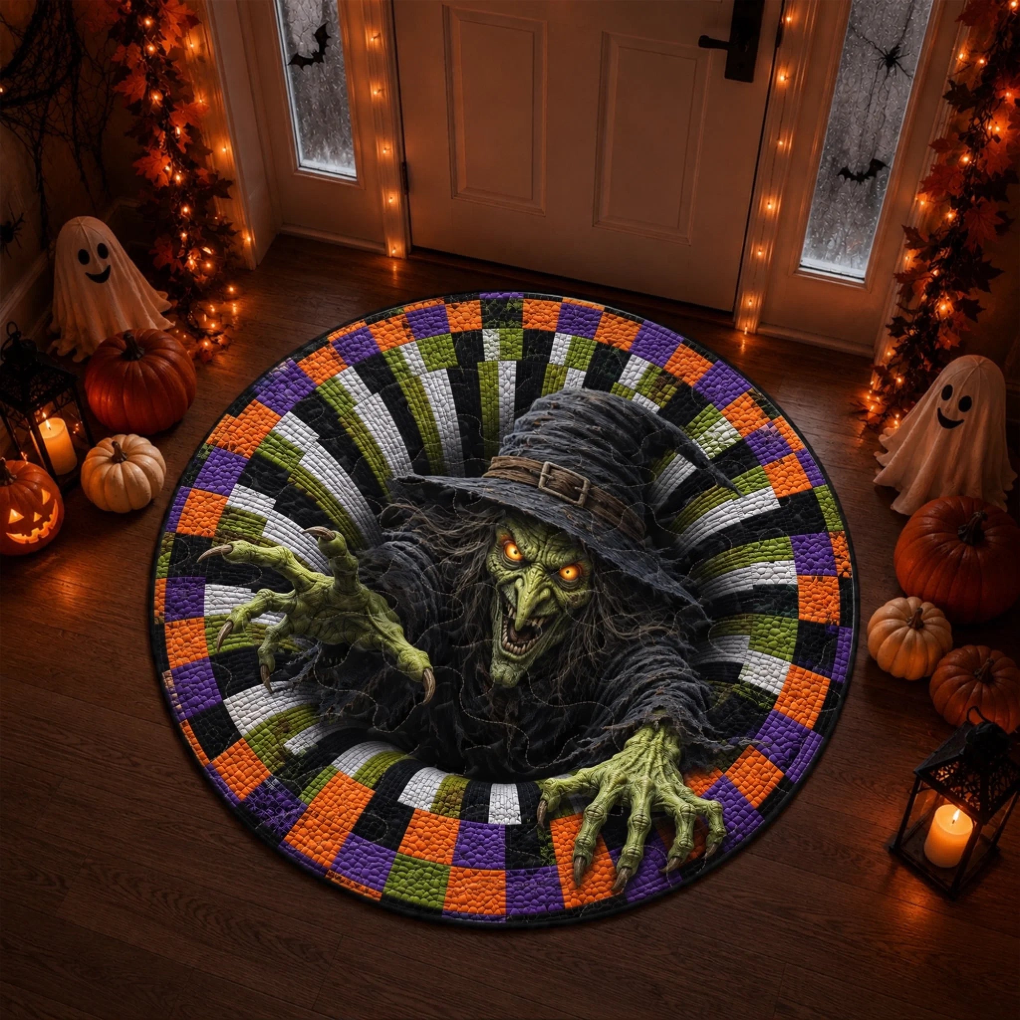 Custom 3D Witch Vortex Quilted Round Mat, Personalized Spooky Halloween Decor Gift