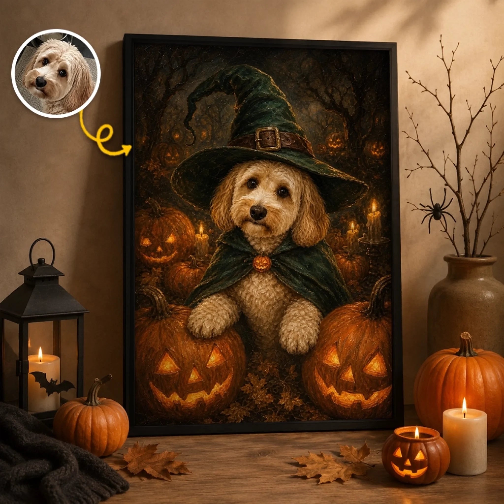 Custom Photo Witchy Vertical Poster, Personalized Halloween Birthday Gift for Dog and Cat Lovers