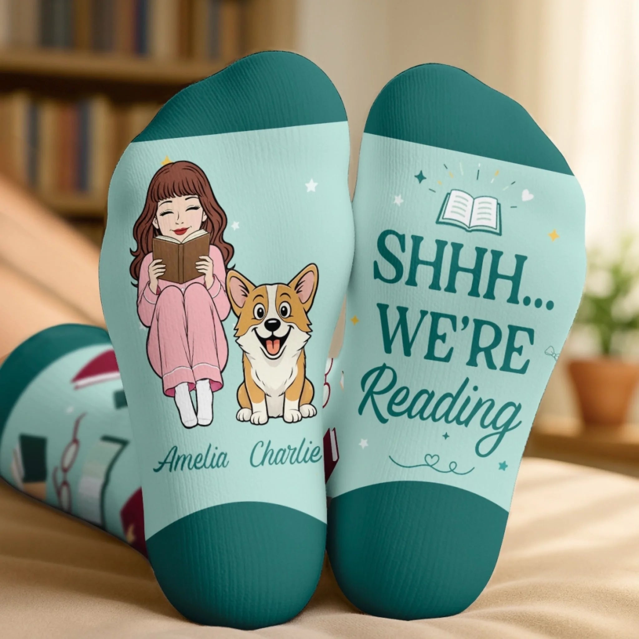Custom Shh I'm Reading Middle Tube Socks, Personalized Bookish Gift for Book & Pet Lovers