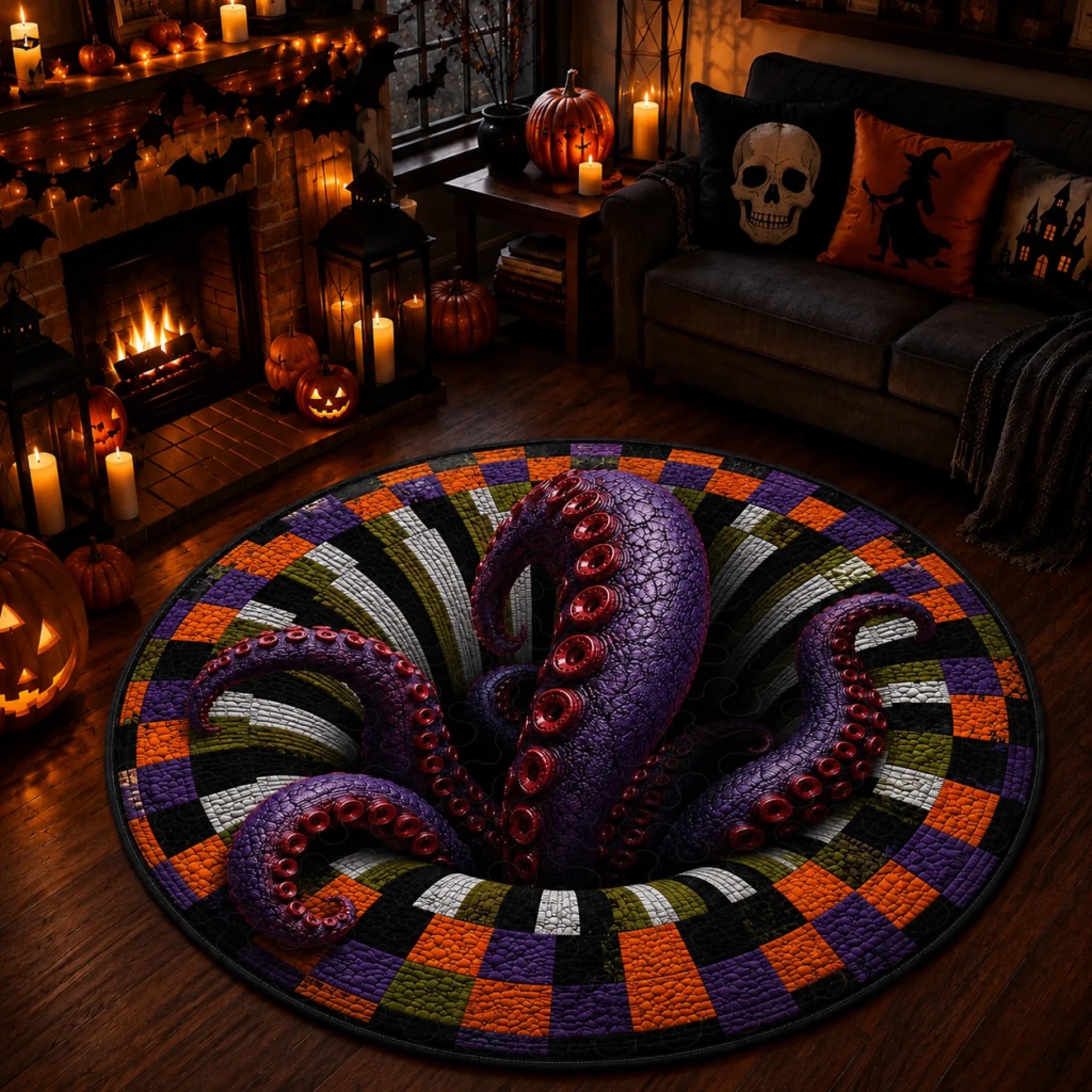 Custom 3D Octopus Vortex Quilted Round Mat, Personalized Spooky Halloween Decor Gift