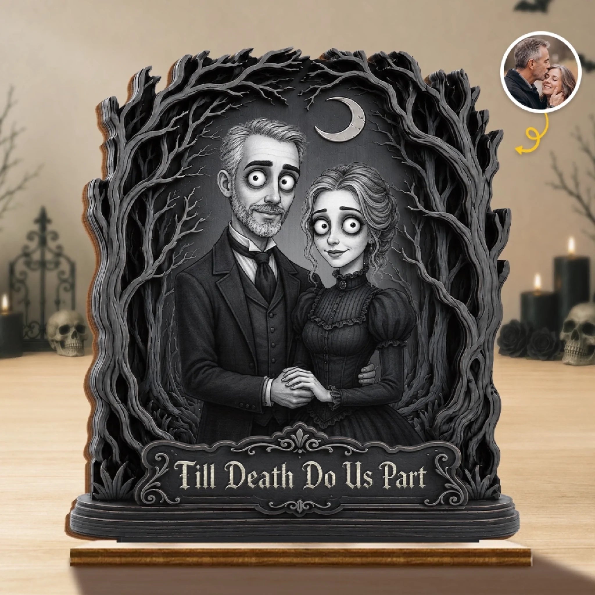 Custom Photo 2-Layered Wooden Plaque with Stand, Personalized Halloween Anniversary Wedding Gift