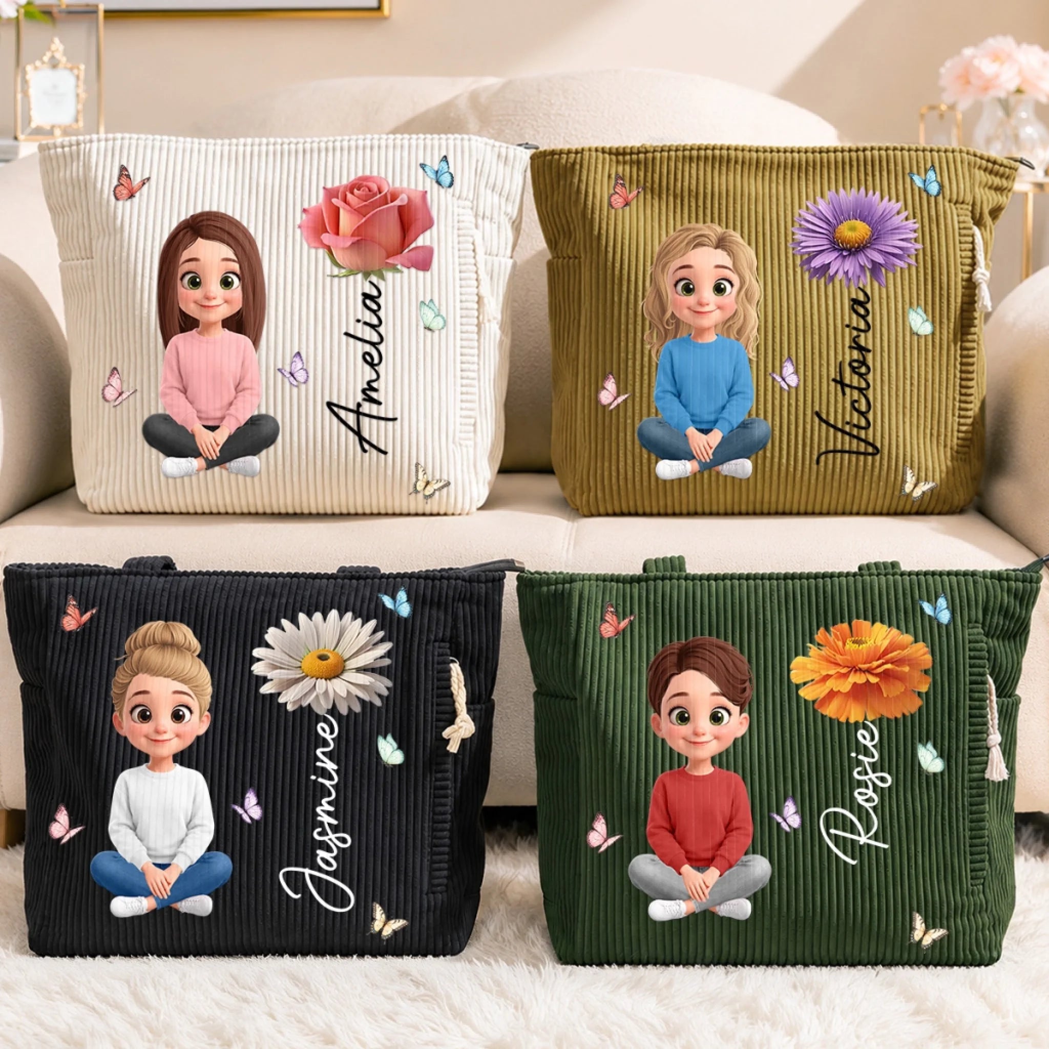 Custom Corduroy Tote Bag with Birth Flower Charm Personalized Gift for Mom Wife Daughter or Best Friend