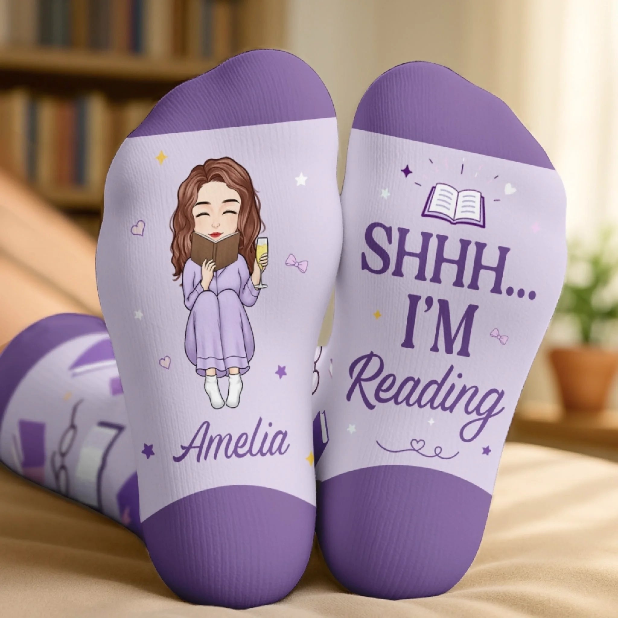 Personalized Shh I'm Reading Crew Socks, Custom Bookish Gift for Book Lovers and Readers