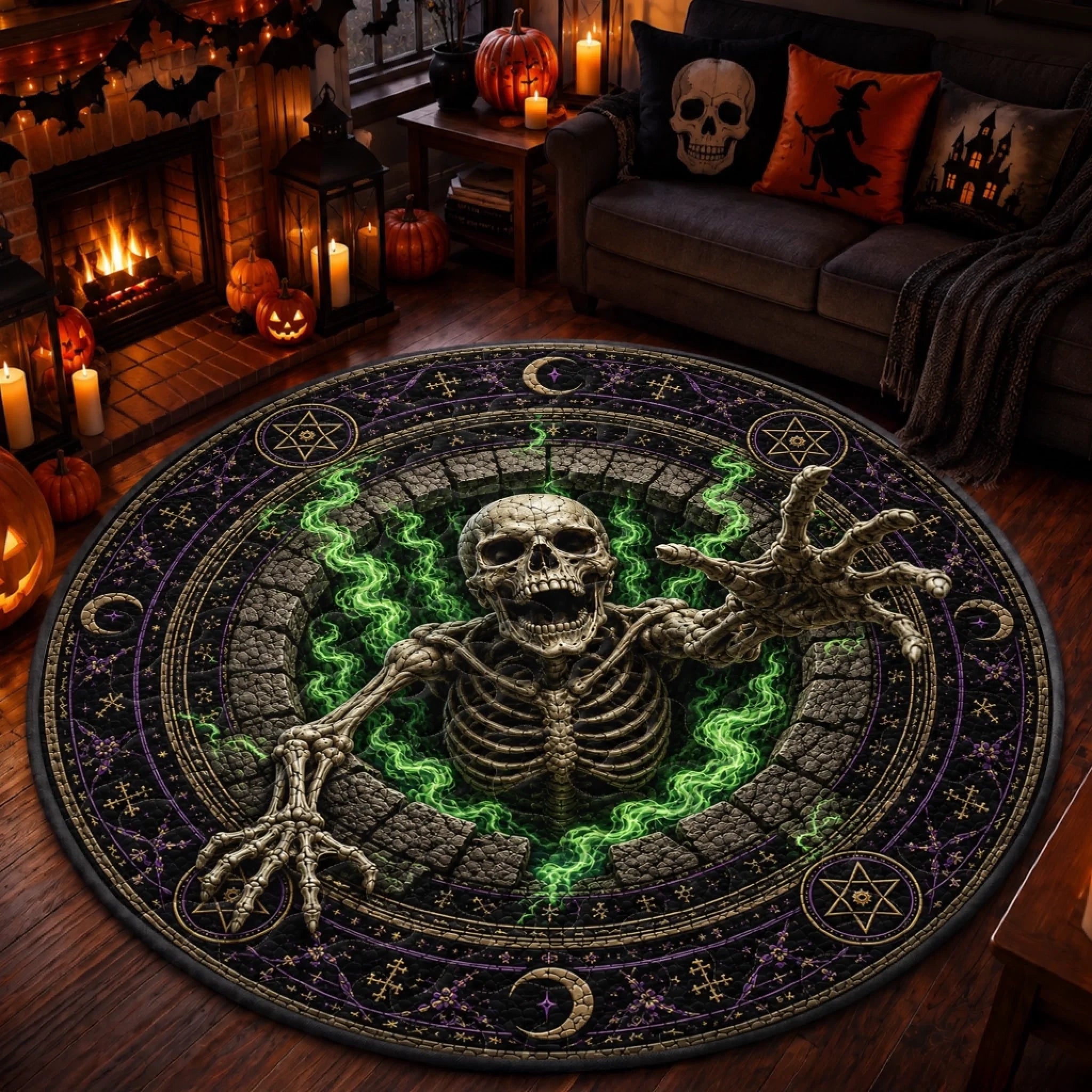 Custom 3D Skeleton Vortex Quilted Round Mat, Personalized Halloween Decor Gift for Family