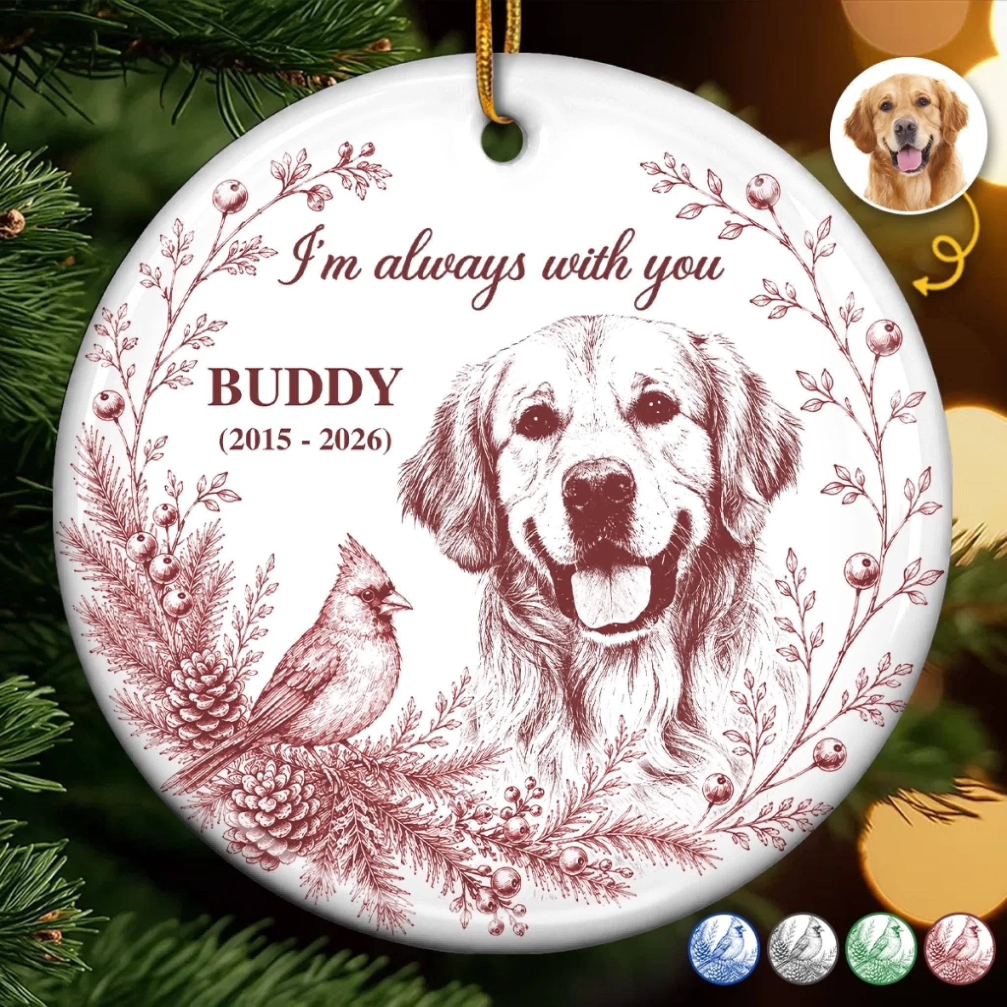 Personalized Photo Ceramic Ornament, Pet Memorial Christmas Sympathy Gift for Dogs or Cats