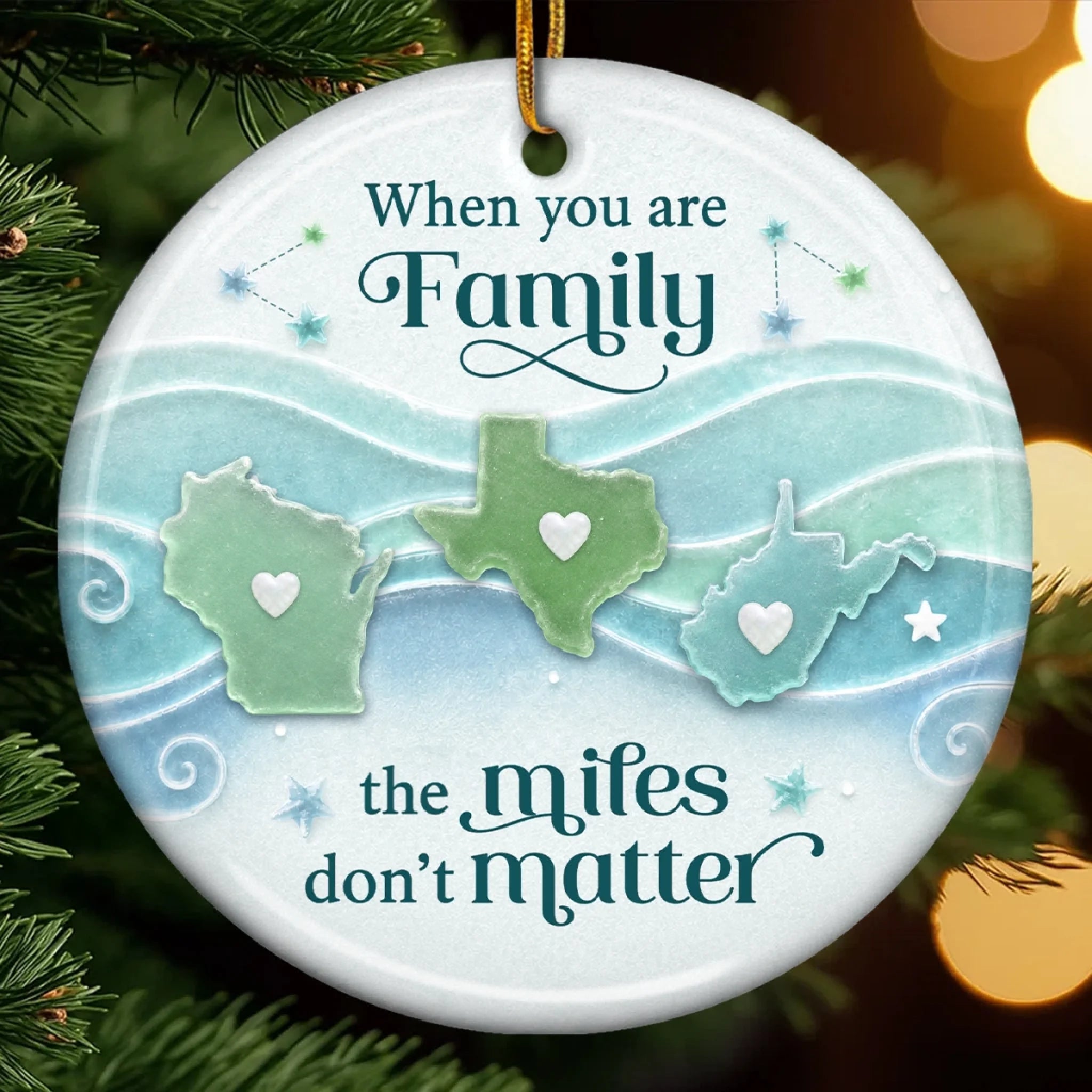 Personalized Long Distance Ceramic Ornament, Side by Side Miles Apart Christmas Gift for Family