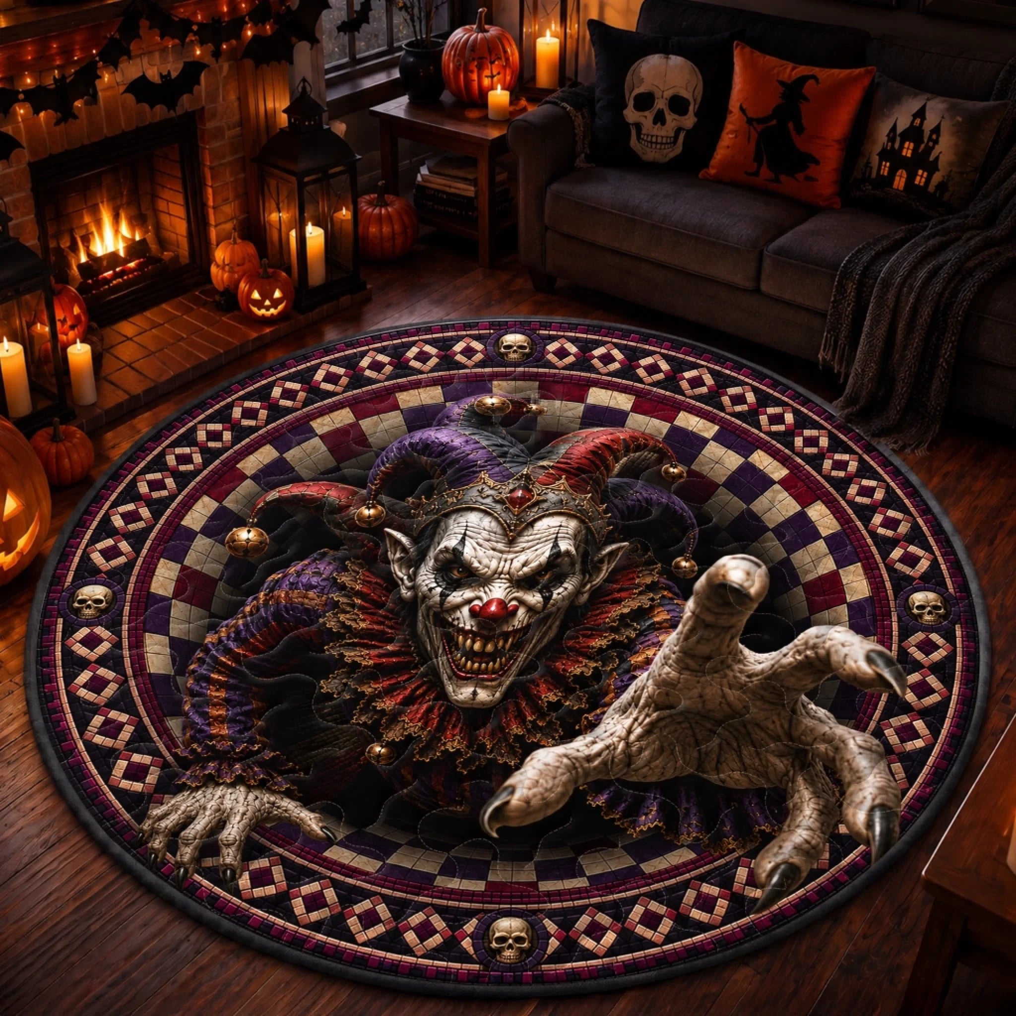 Custom 3D Clown Vortex Quilted Round Mat, Personalized Halloween Decor Gift for Family