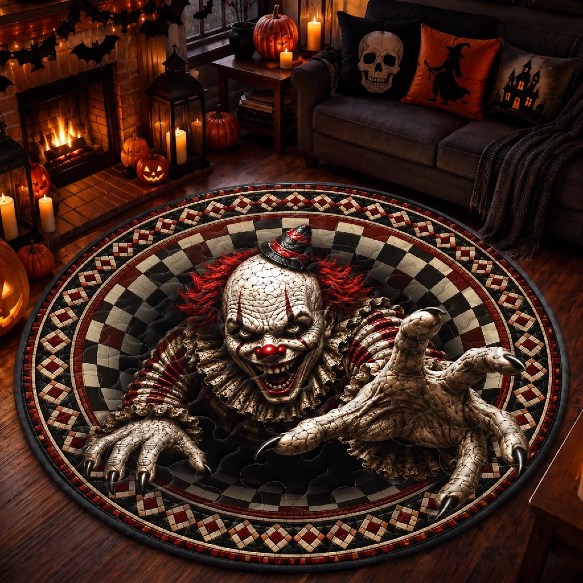 Custom 3D Clown Vortex Quilted Round Mat, Personalized Halloween Decor Gift for Family
