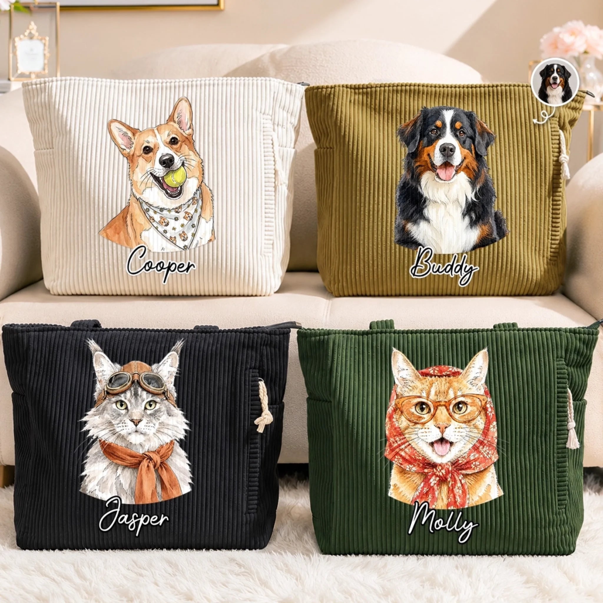 Custom Photo Corduroy Tote Bag, Personalized Birthday Gift for Dog Moms, Cat Dads and Pet Lovers