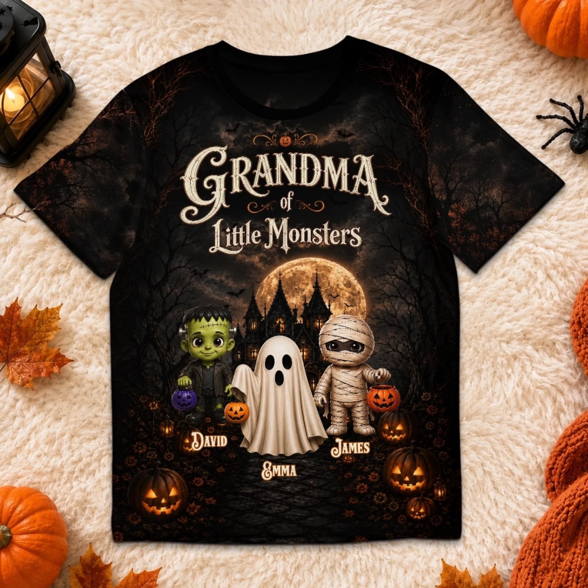 Custom Monster T-Shirt Personalized Halloween Birthday Gift for Mom or Grandma, Grandma’s Ghouls Tee