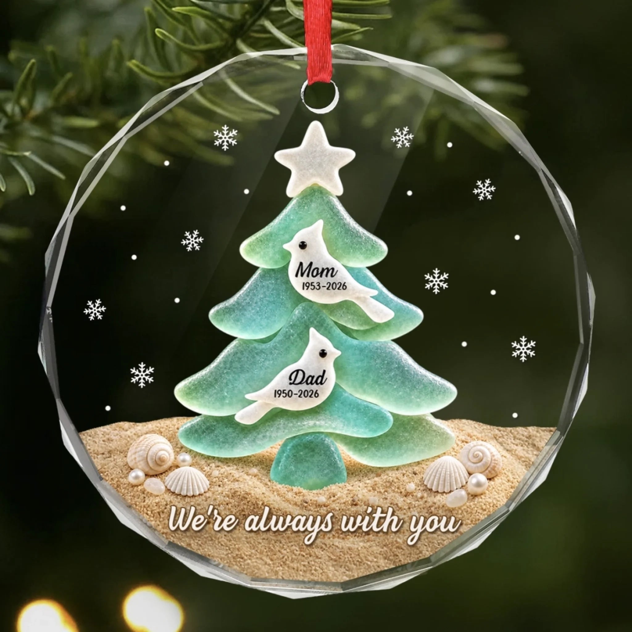 Personalized Sea Glass Circle Glass Ornament, Christmas Memorial Sympathy Gift for Loss of Mom or Dad