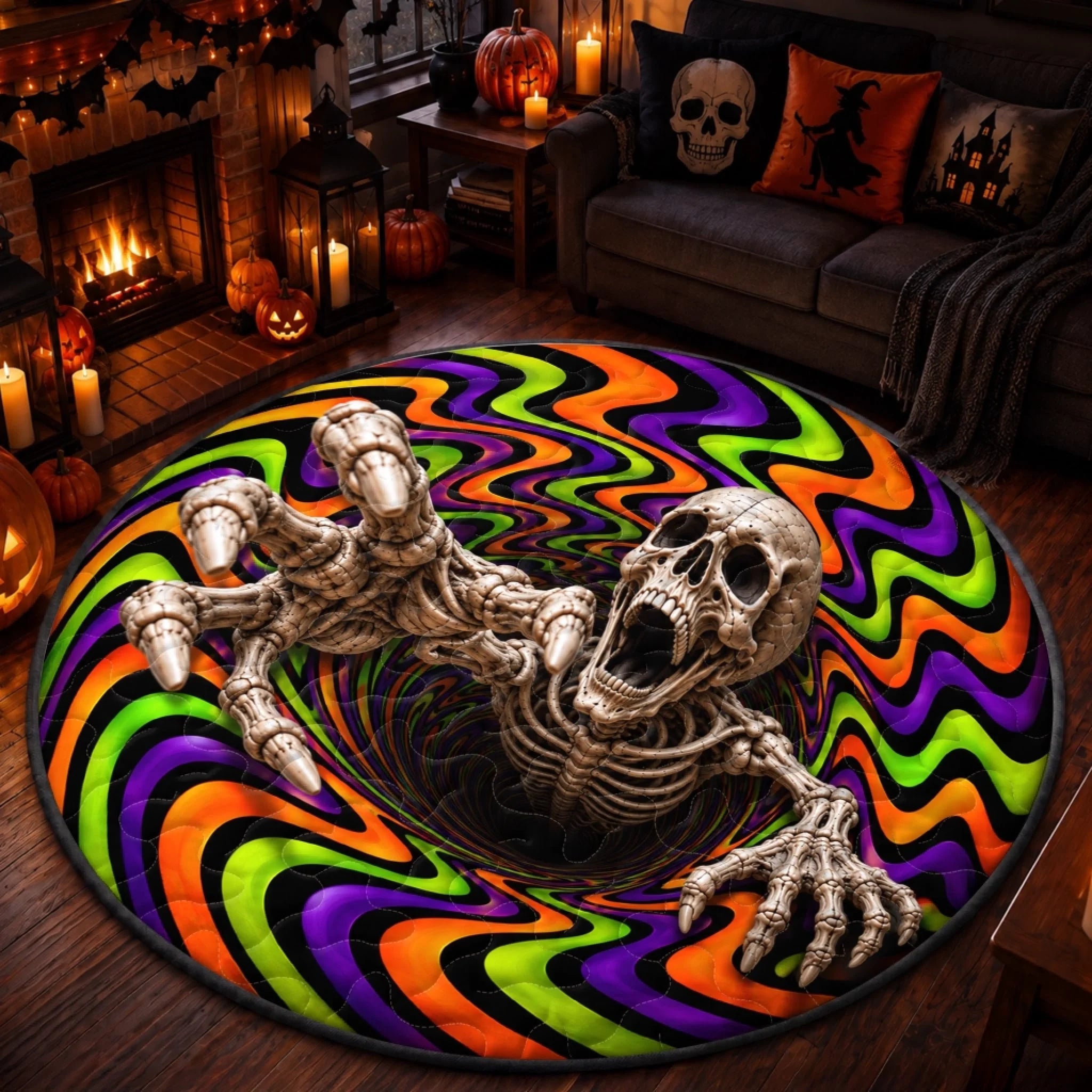 Custom 3D Skeleton Vortex Quilted Round Mat, Personalized Halloween Birthday Gift for Family