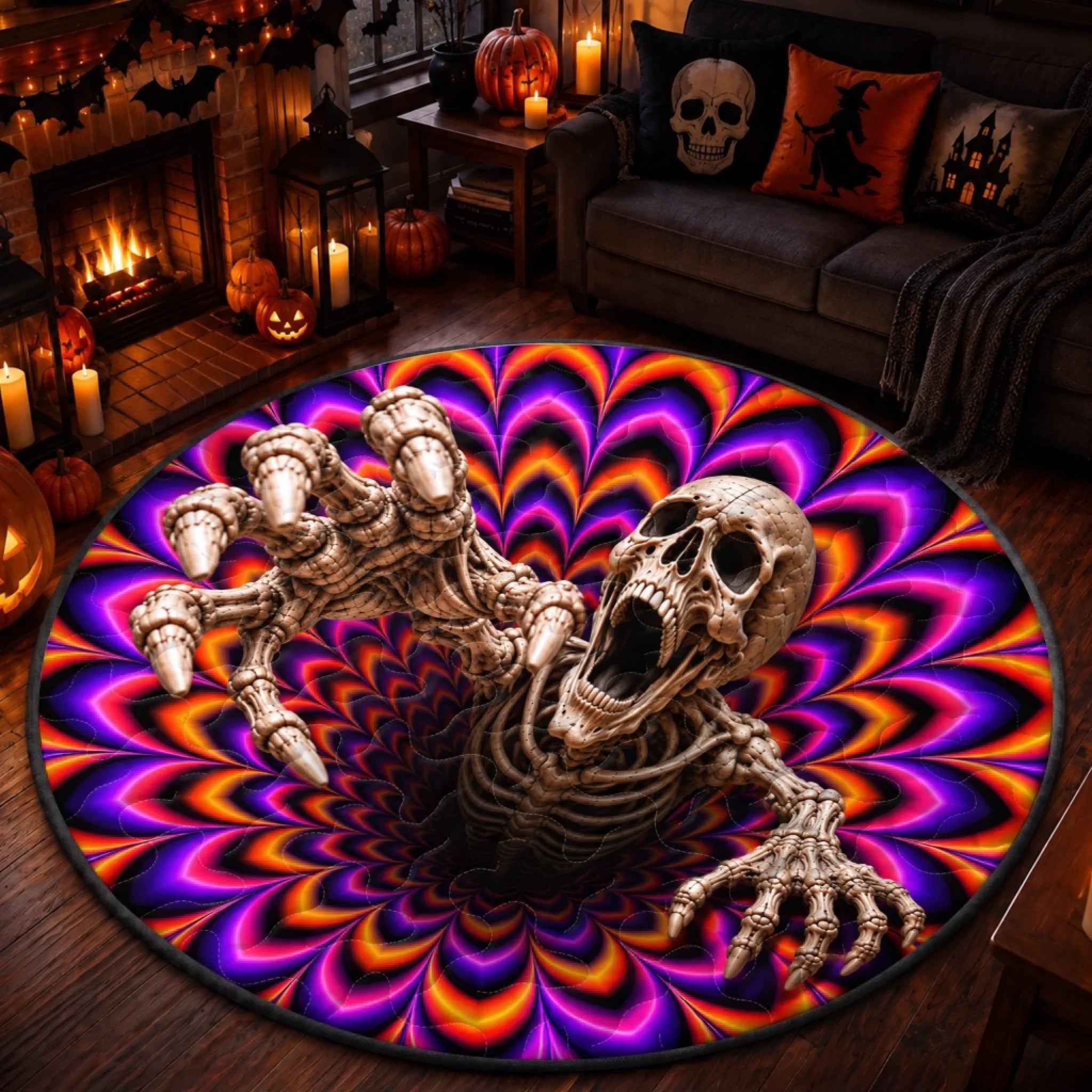 Custom 3D Skeleton Vortex Quilted Round Mat, Personalized Halloween Decor Gift for Family