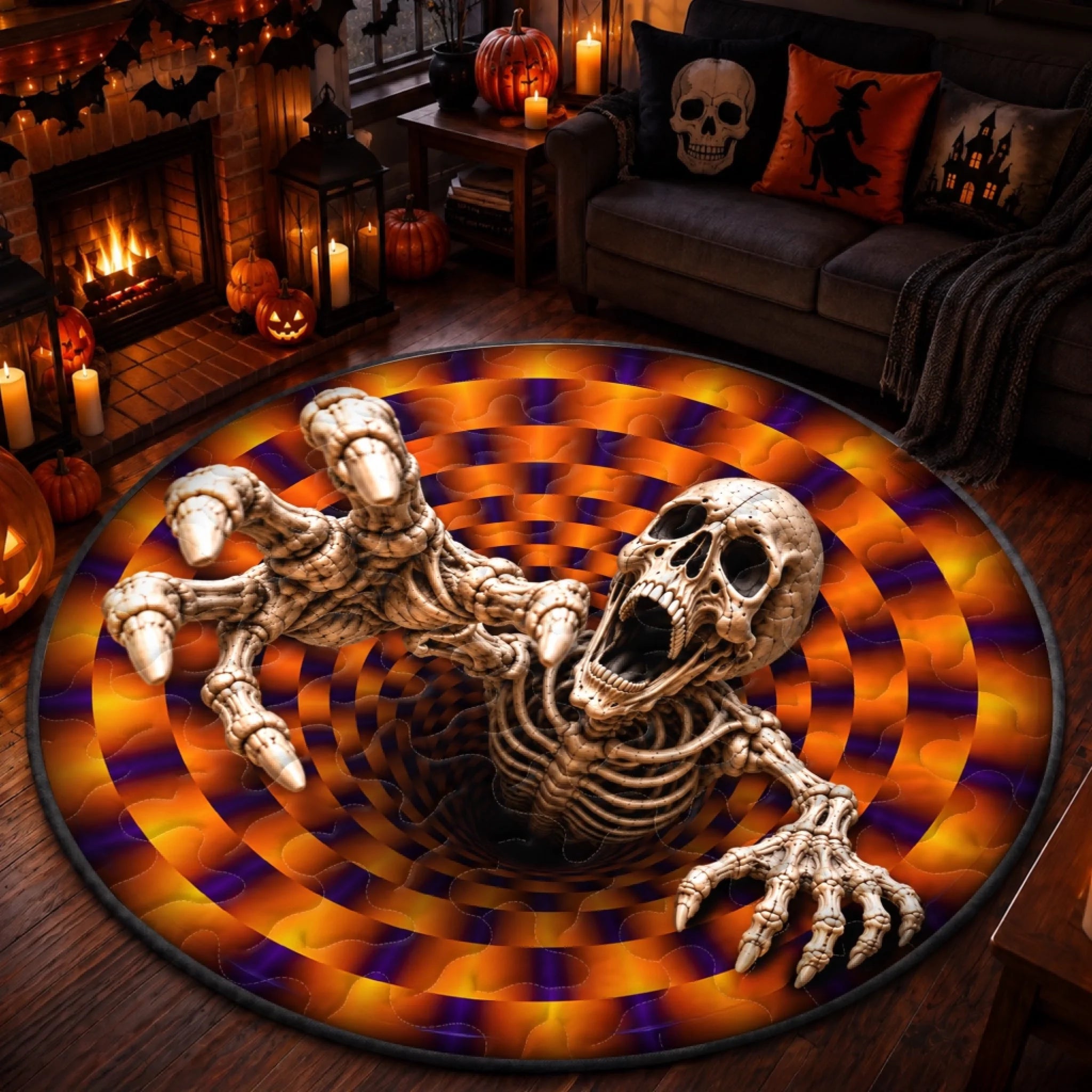 Custom 3D Skeleton Vortex Quilted Round Mat, Personalized Halloween Decor Gift for Family
