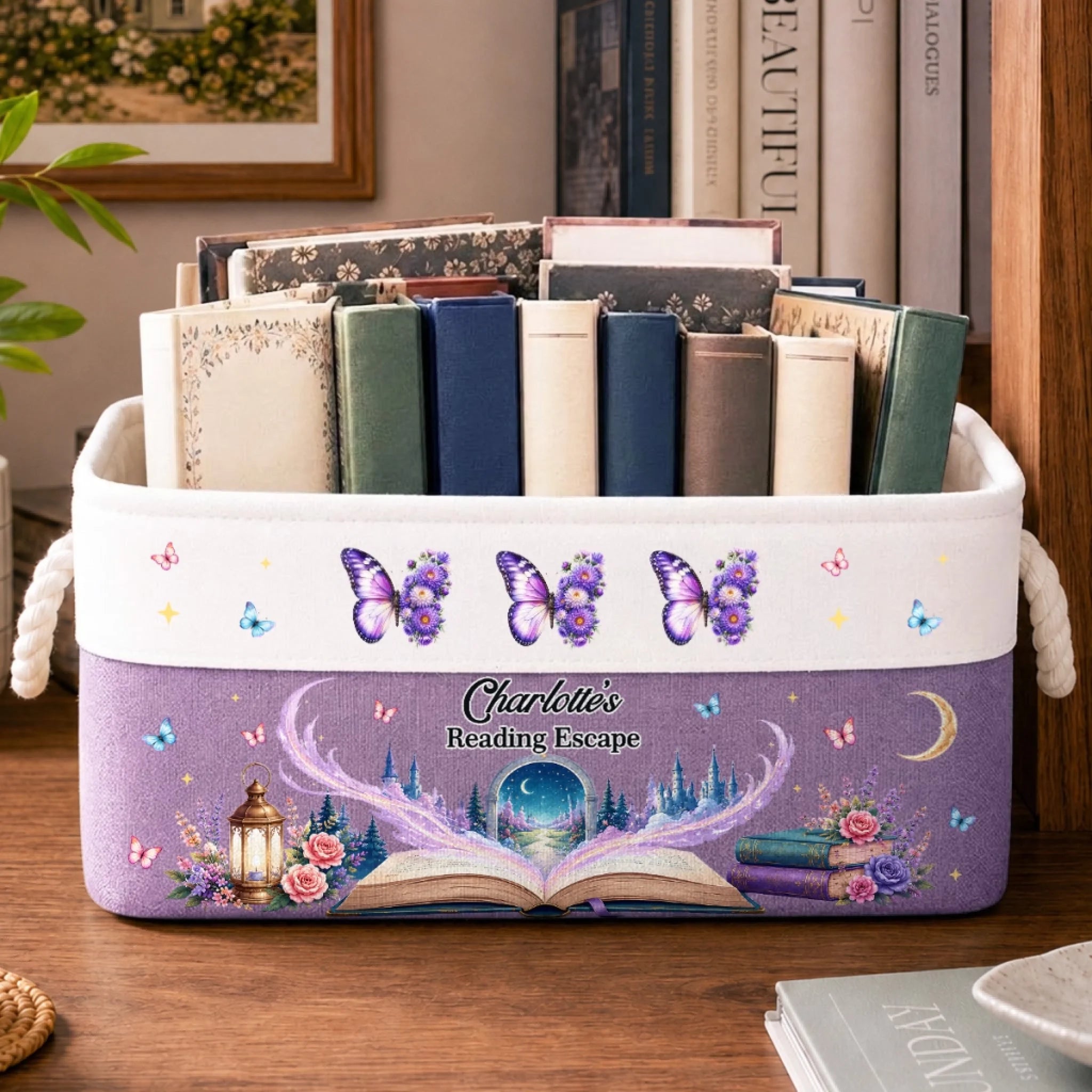 Personalized Book Lover Storage Basket, Custom Bookish Gift for Readers, Fly Away With Sweet Dreams
