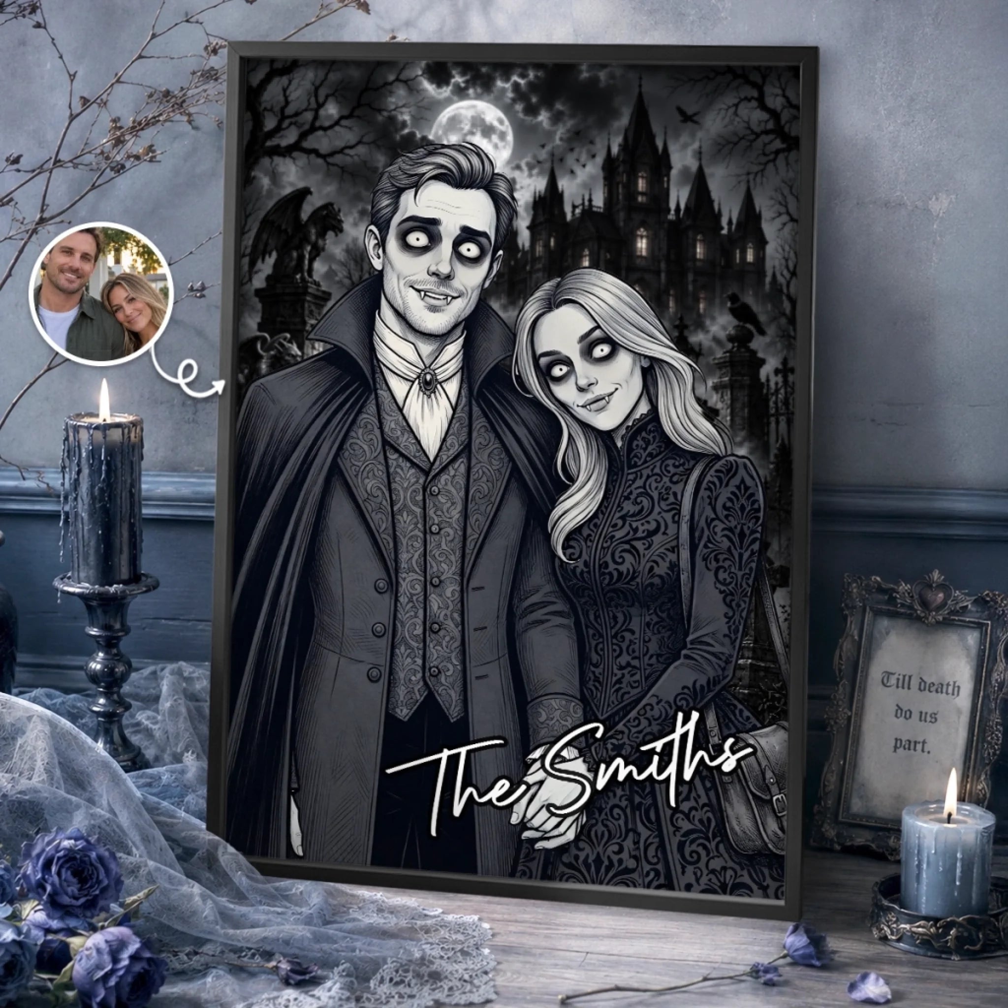 Custom Photo Vampire Vertical Poster, Personalized Halloween Anniversary Wedding Gift for Couples