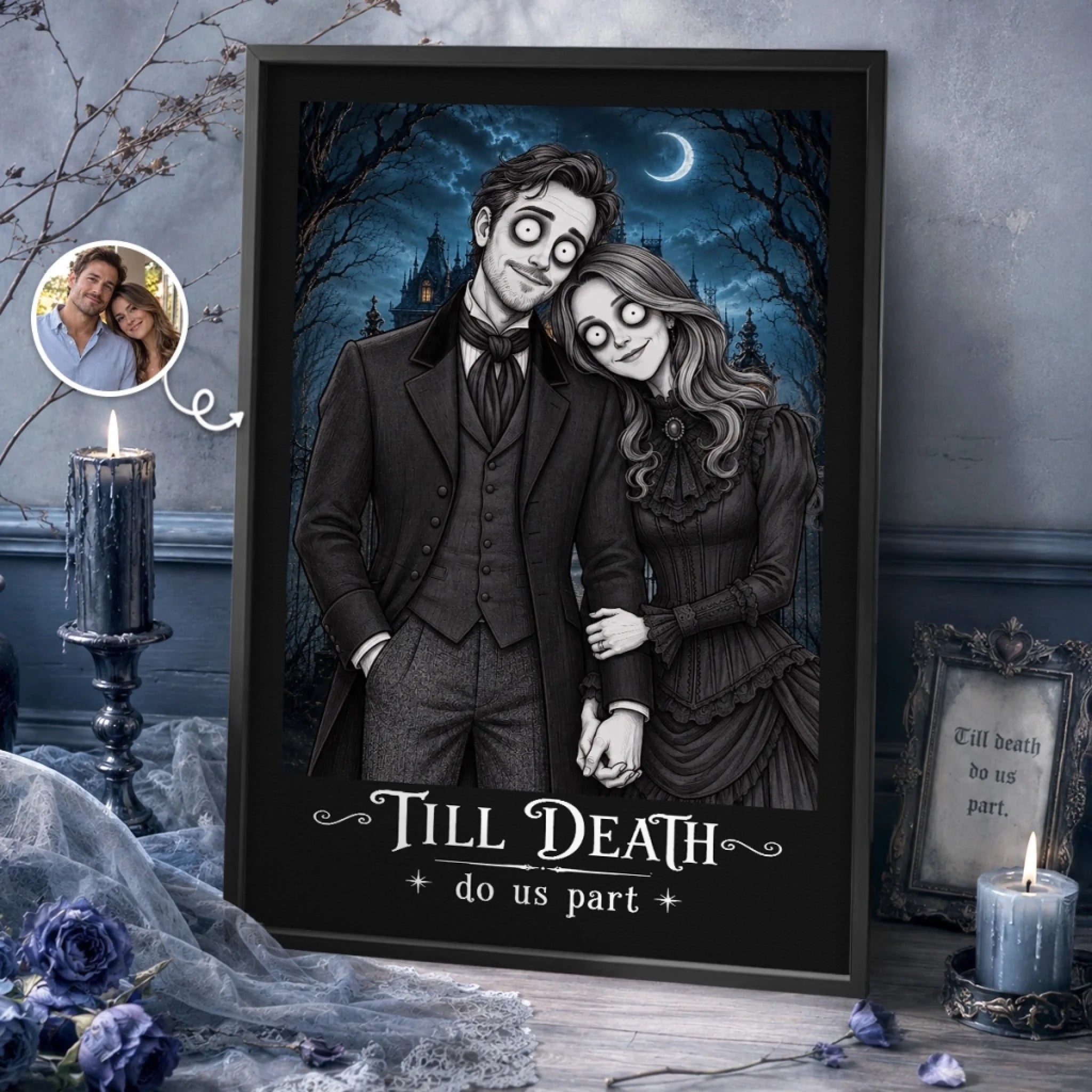Custom Photo Gothic Vertical Poster, Personalized Halloween Anniversary Wedding Gift for Husband and Wife