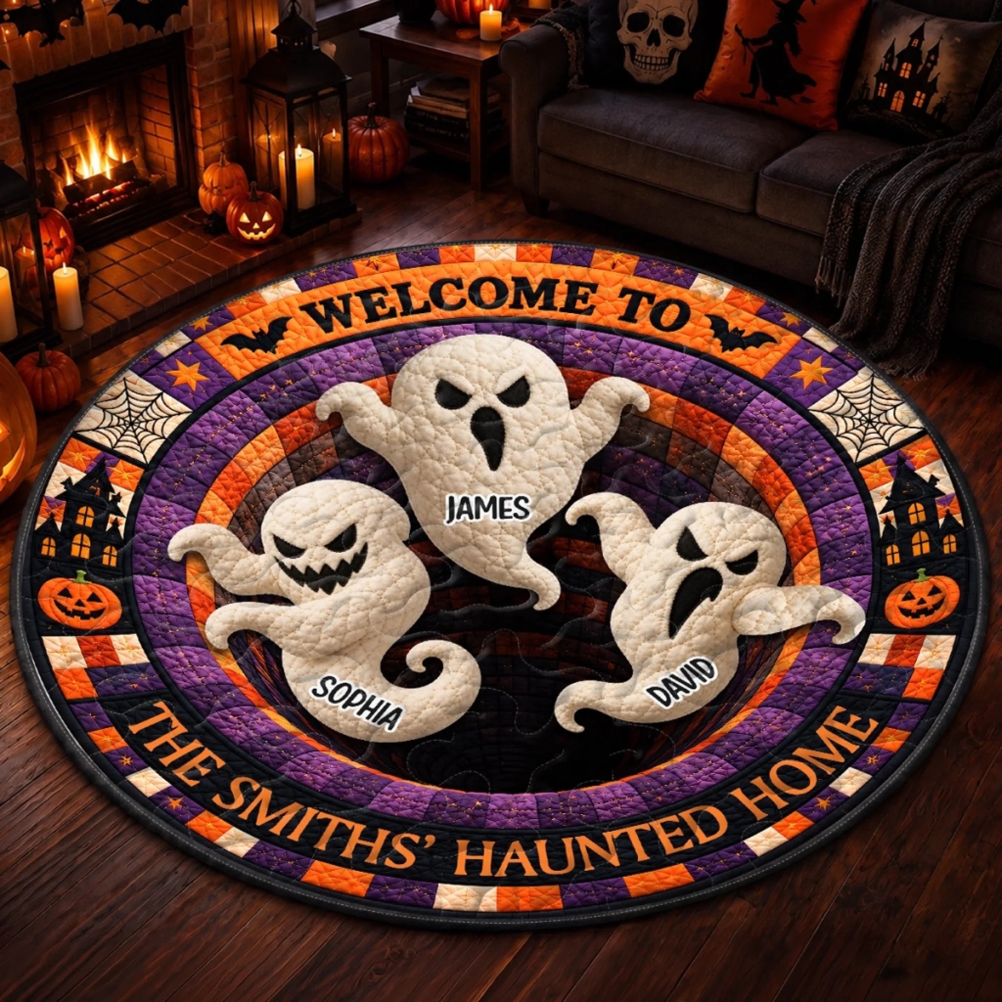 Custom 3D Ghost Vortex Quilted Round Mat, Personalized Halloween Decor Gift for Family