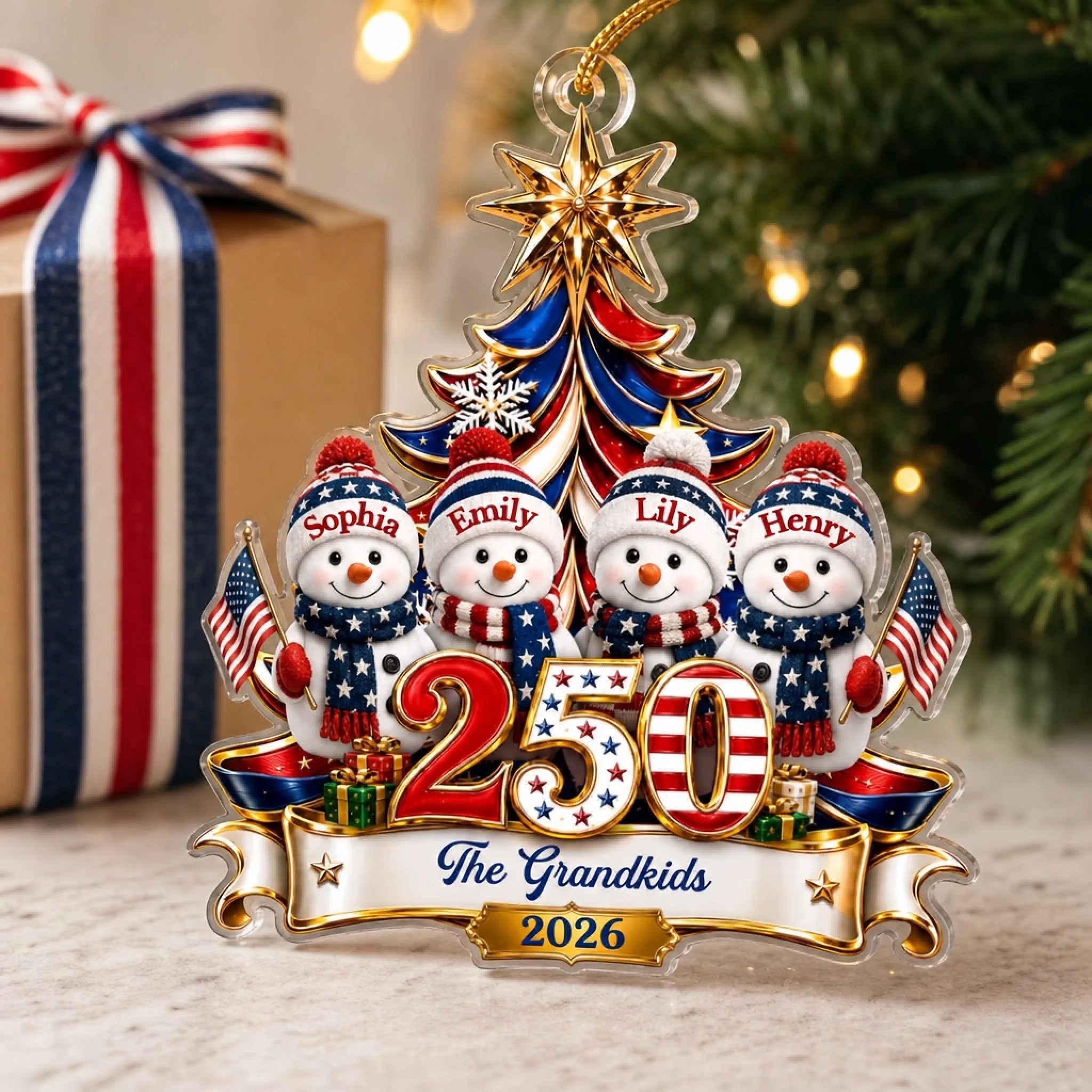 Custom Snowman Acrylic Ornament, Personalized America 250th Anniversary Christmas Gift for Family
