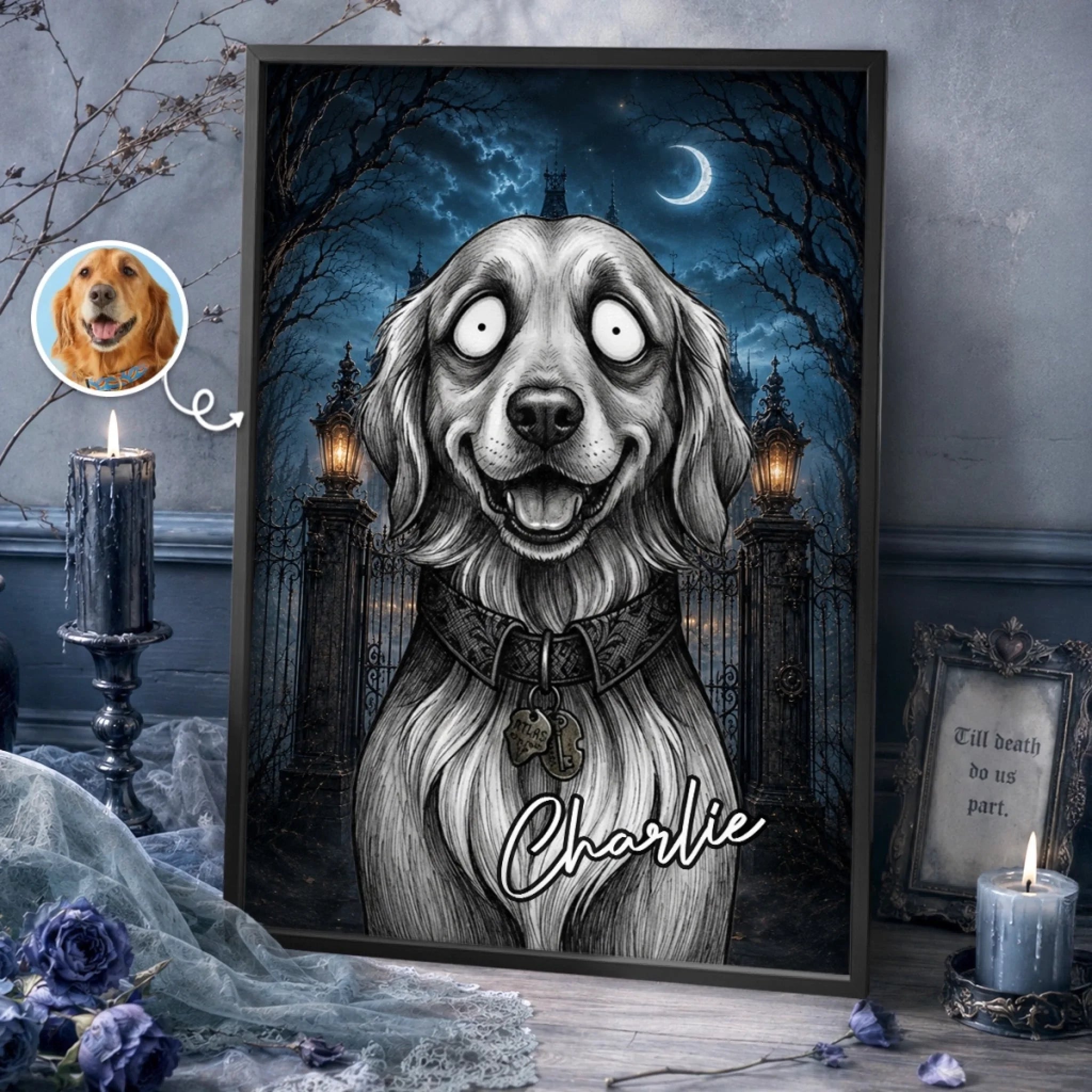 Custom Photo Gothic Vertical Poster, Personalized Halloween Birthday Gift for Dog Cat Lovers