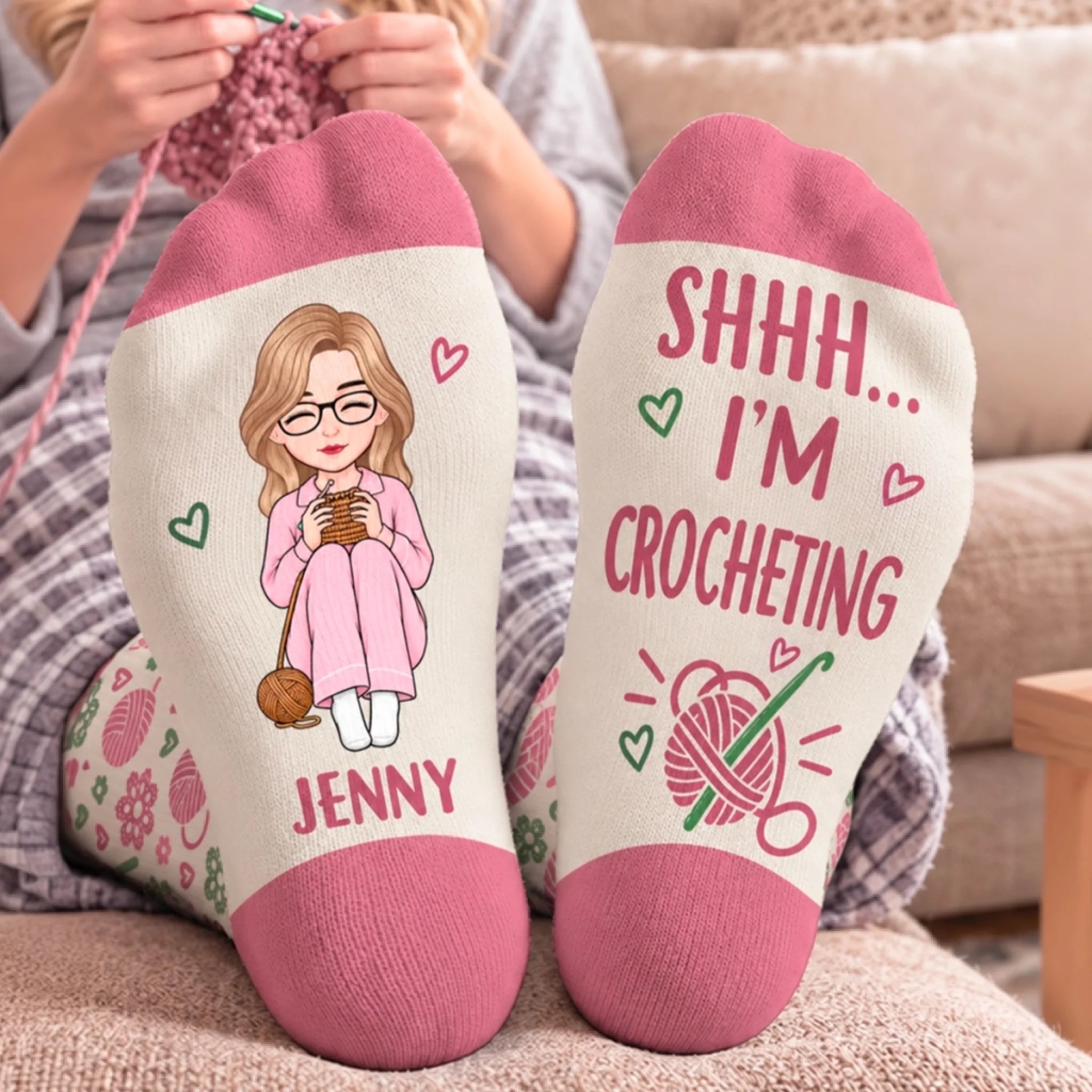Custom Yarn Crew Socks Personalized Birthday Gift for Crochet and Knitting Lovers Just One More Row