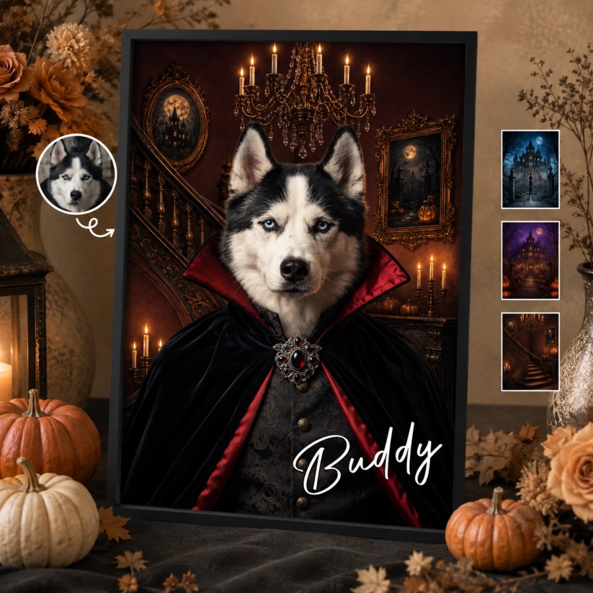 Custom Photo Vampire Vertical Poster, Personalized Halloween Birthday Gift for Dog & Cat Lovers