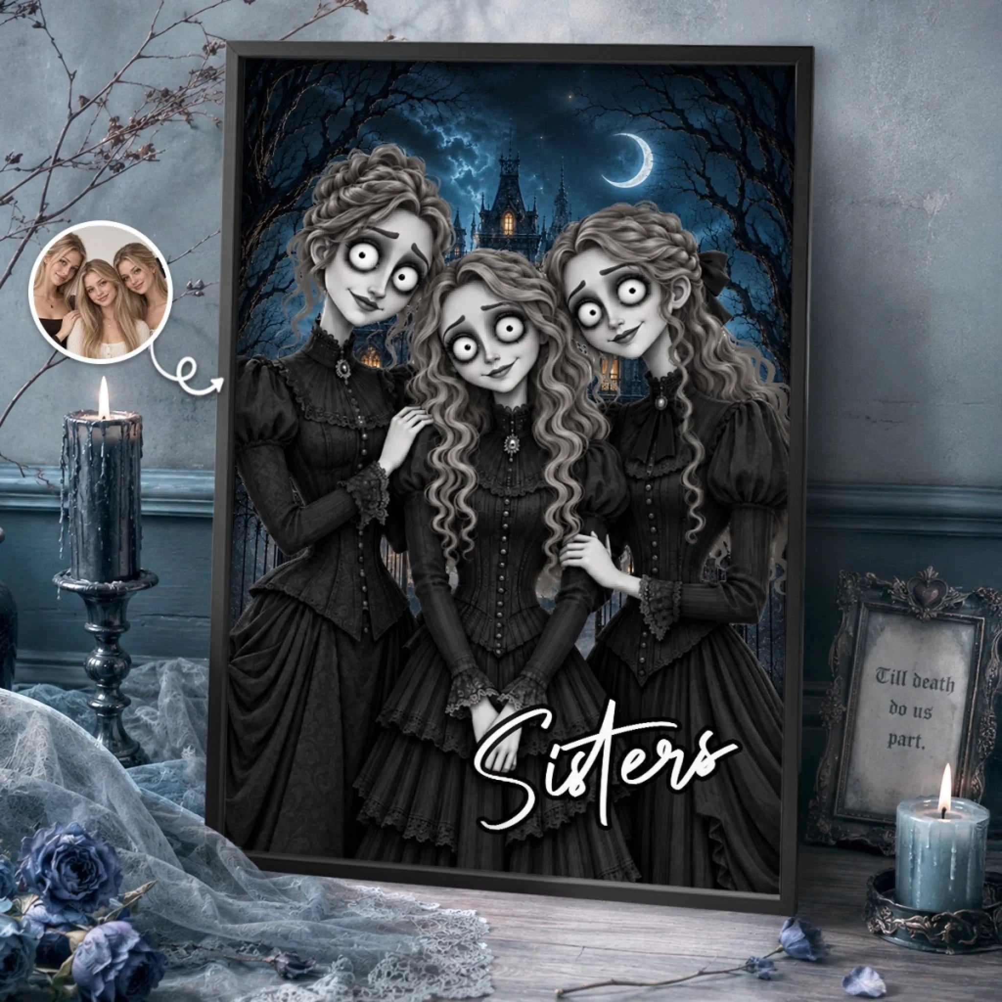 Custom Photo Gothic Vertical Poster, Personalized Best Friend Halloween Gift for Women, Sisters and BFFs