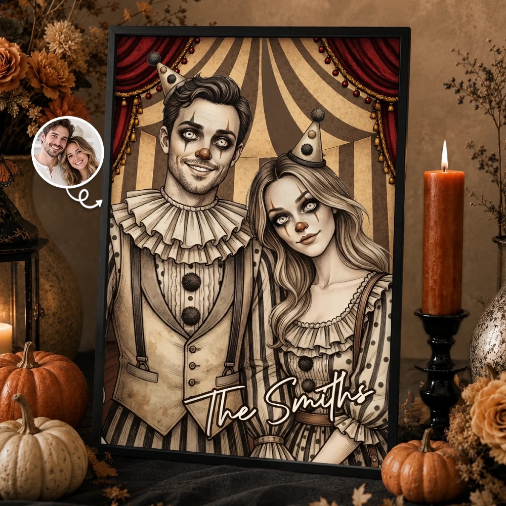 Custom Photo Clown Vertical Poster, Personalized Halloween Anniversary Wedding Gift for Couples