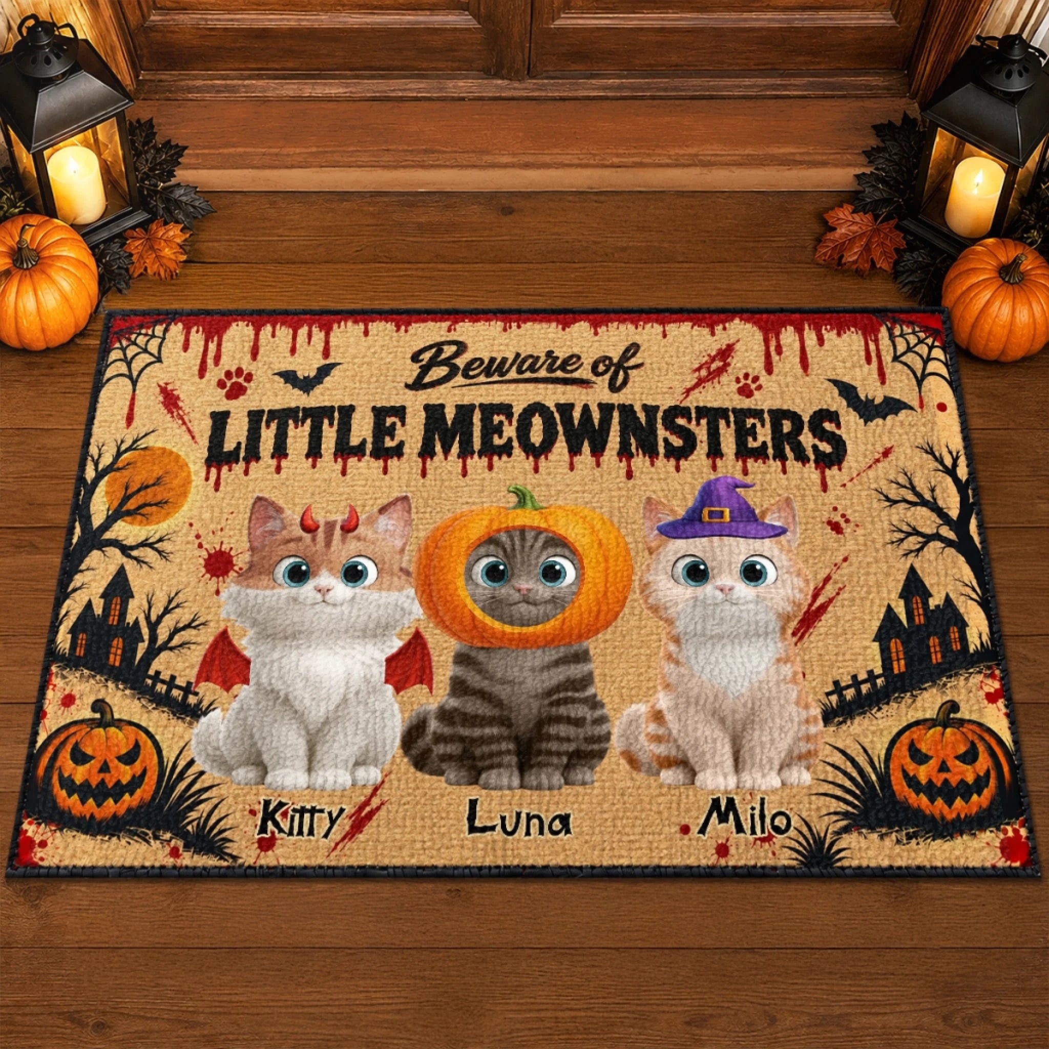 Personalized Halloween Cat Doormat, Custom Home Decor Gift for Cat Lovers, Cat Mom and Dad